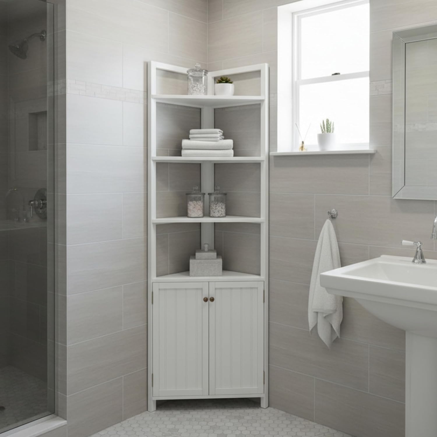 Alaterre Furniture Dover Corner Bathroom Storage Cabinet – 25' x 68' Tall Freestanding Corner Cabinet with 2 Doors, Open Shelves, Adjustable Inside Shelving, and Space-Saving Design (White)