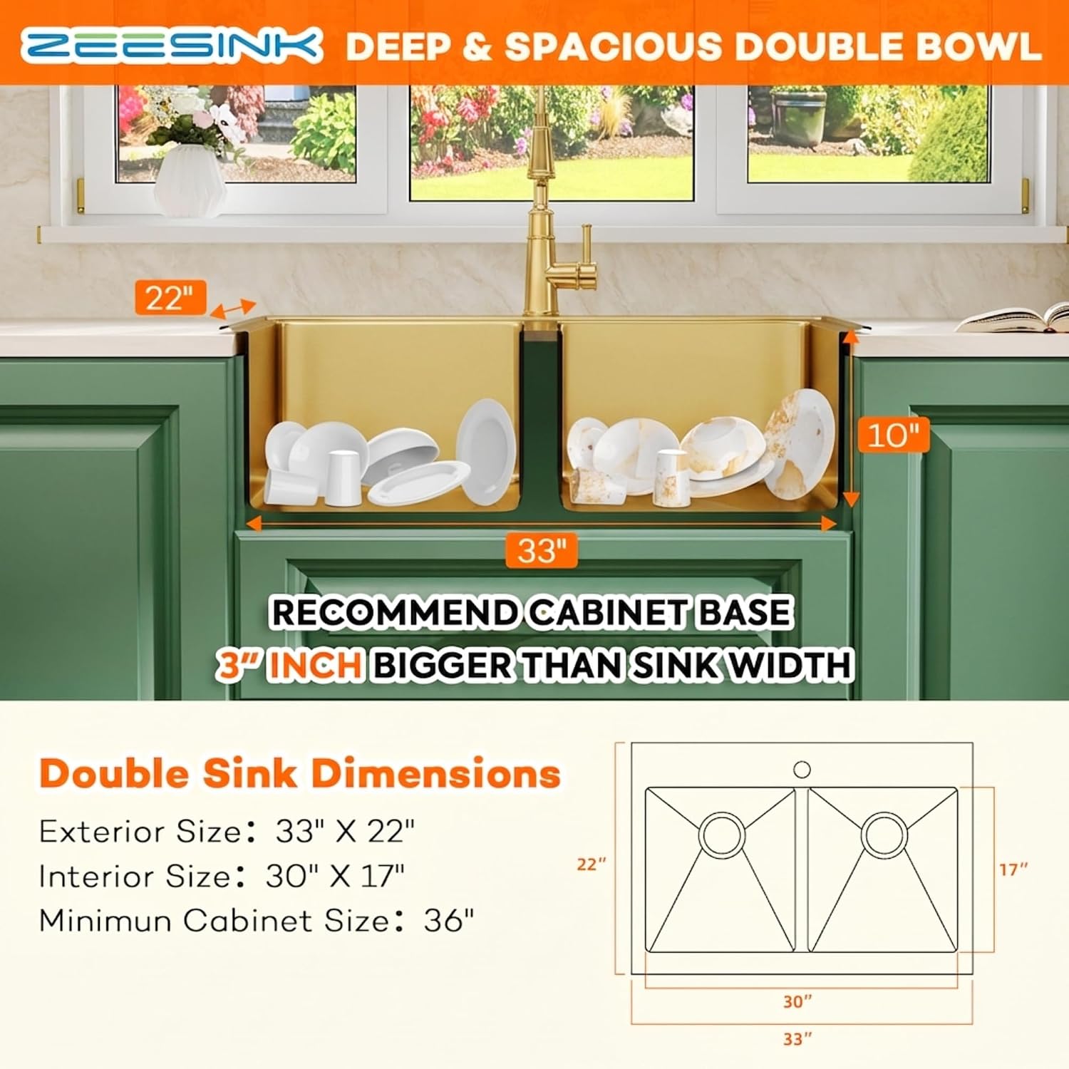 Gold Kitchen Sink,33 X 22 inch Drop in Kitchen Sinks Double Bowl,16 Gauge Stainless Steel 50/50 Double Sink,Top Mount/Drop In Double Kitchen Sink 33 inch