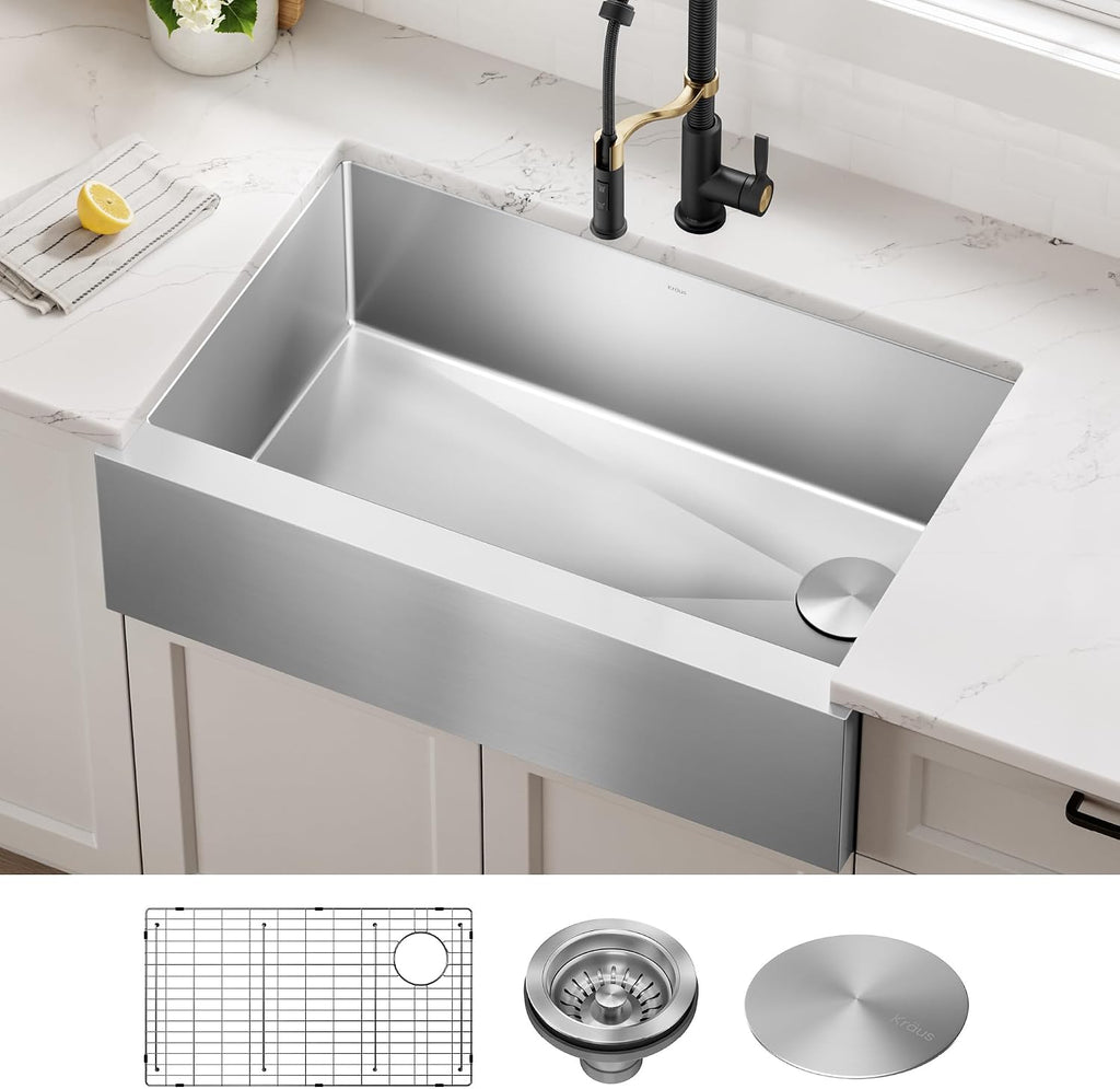 KRAUS Standart Pro 33-Inch Flat Apron Front Farmhouse 16-Gauge Single Bowl Stainless Steel Kitchen Sink, KHF410-33