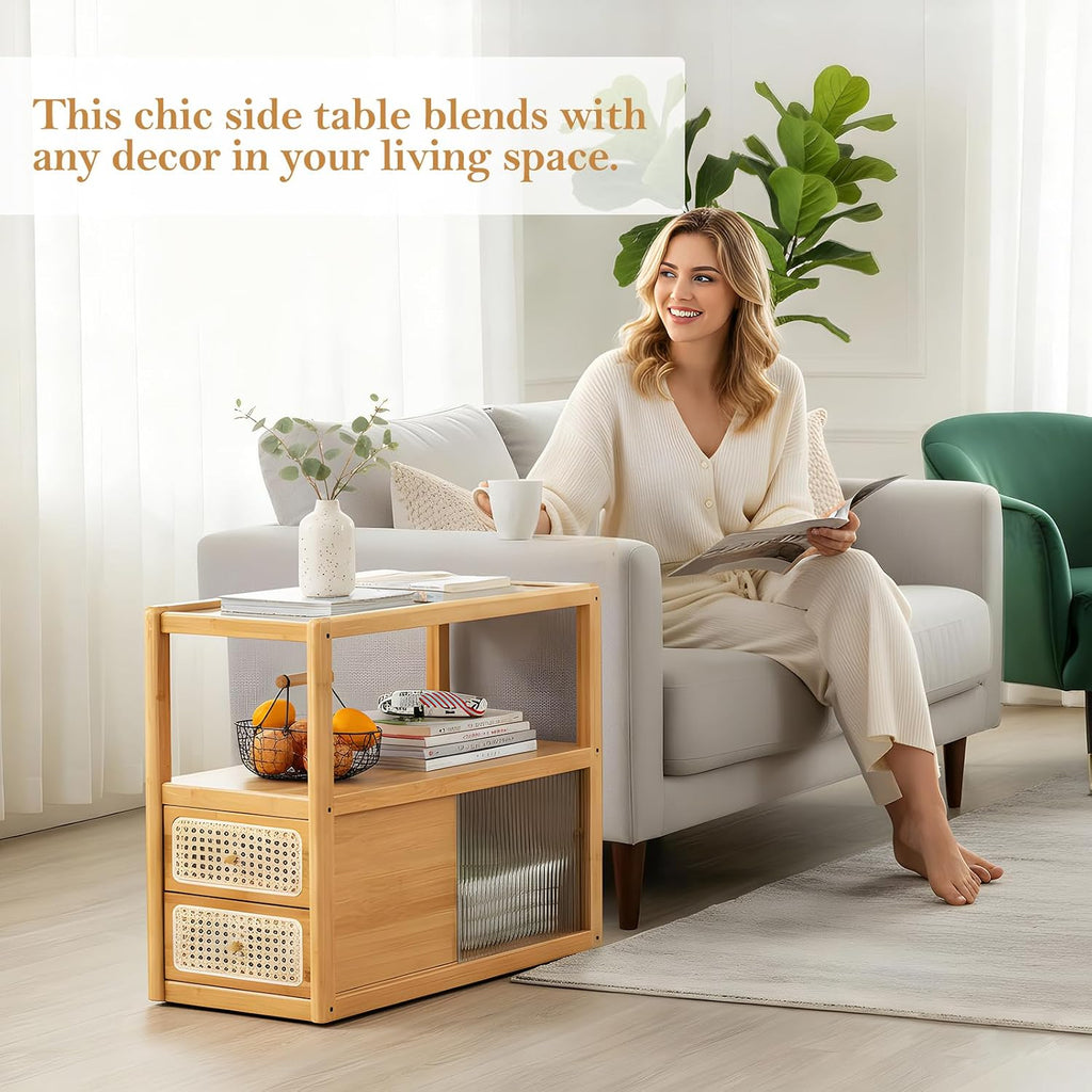 Tiita Rattan Nightstand Side Table, Bamboo Accent Bedside Tables, Glass Coffee Tables, Boho Wooden End Table with Storage for Small Space, Living Room and Bedroom
