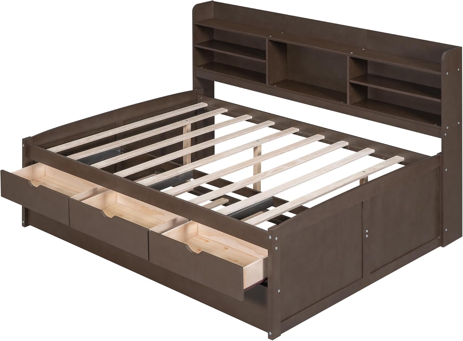 Full Size Corner Bed Frame with Storage Drawers and Trundle,Wooden Captain Bed Frame with Storage Bookshelves Headboard for Living Room Bedroom,No Box Spring Needed, Space Saving,Antique Gray