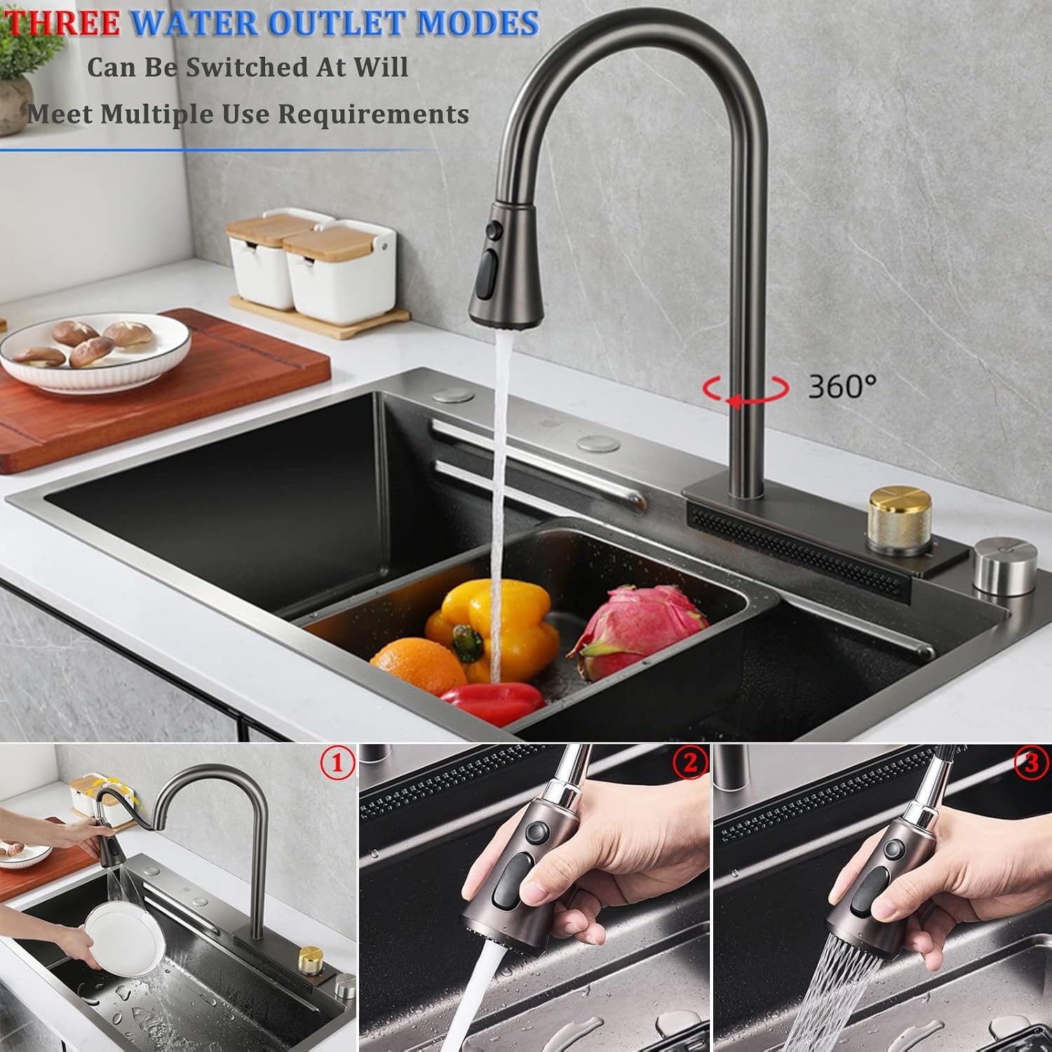 Black Nano Single Bowl Kitchen Sink 304 Stainless Steel Waterfall Bar Sink Multi-Purpose Handmade Sink Rv Sink with 360 ° Pull-Out Faucet and Cup Washer Top(Black-68x45x22cm