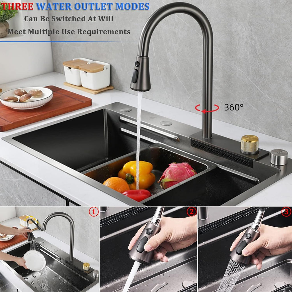 304 Stainless Steel Waterfall Bar Sink Black Single Bowl Kitchen Sink Multi-Function Rv Sink with Pull-Out Faucet and Drainage Cponents Top Mount Or Undermount (Color : Black-B, Size :