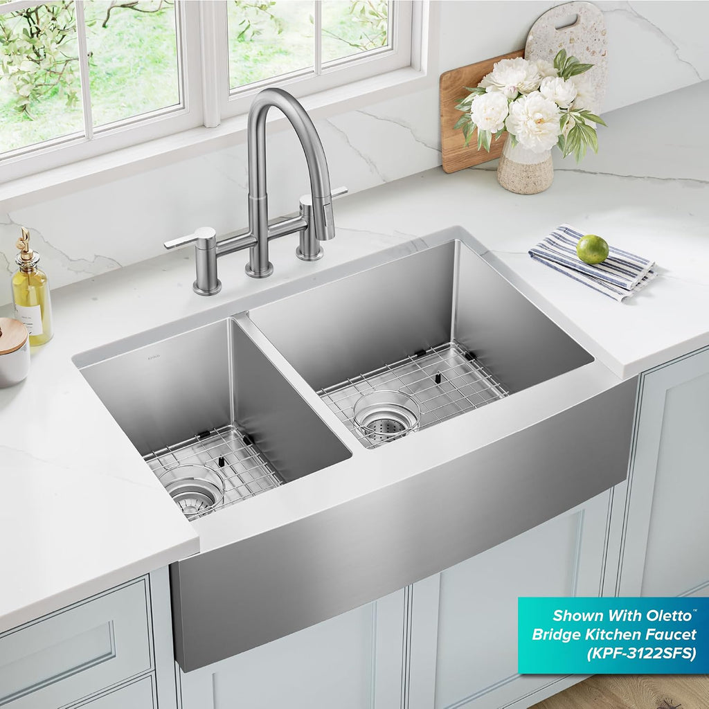Kraus KHF204-33 Standart PRO Kitchen Stainless Steel Sink, 16 Gauge, 33' Undermount Round Apron 40/60 Double Bowl Kitchen Sink