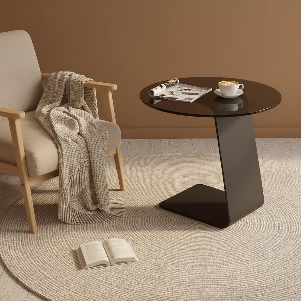 25.5-Inch High C-Shaped End Table with Tempered Glass Top & Black Metal Frame, Modern Space-Saving Sofa Side Table for Living Room, Bedroom, Small Spaces (A)