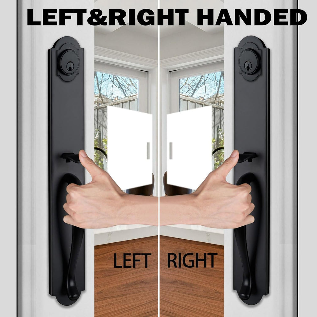 Double Door Handle Set for Front Door, Matte Black Keyed&Dummy Exterior Door Lockset with Deadbolt, Reversible for Right&Left Handed
