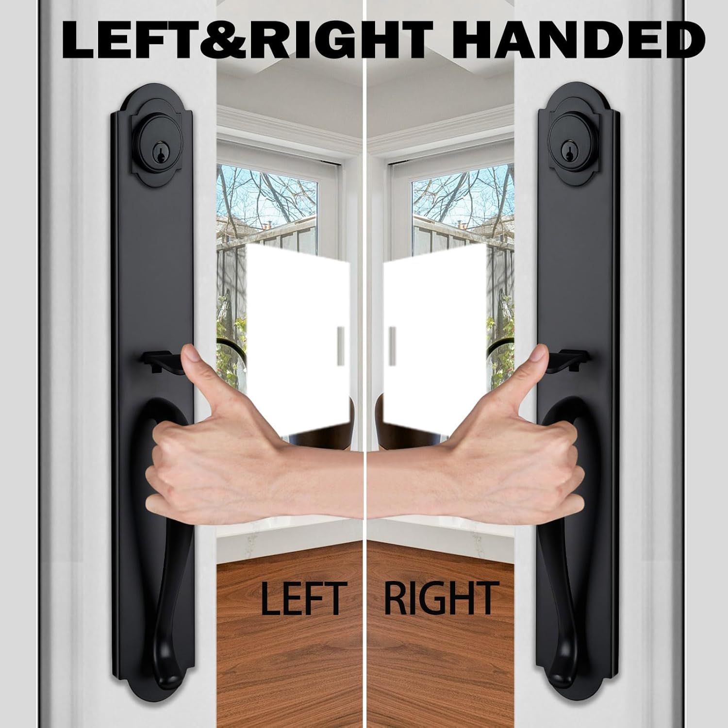 Double Door Handle Set for Front Door, Matte Black Keyed&Dummy Exterior Door Lockset with Deadbolt, Reversible for Right&Left Handed