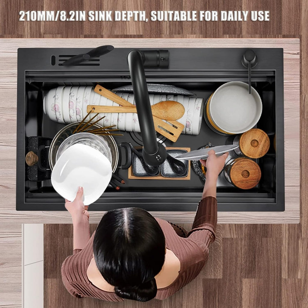 304 Stainless Steel Kitchen Sink Black Nano Single Bowl Bar Sink Multi-Function RV Sink Pull-Out Faucet and Drainage Components Drop in Or Under Mount (Color : Black, Size : 68x46x21cm) (Black 68