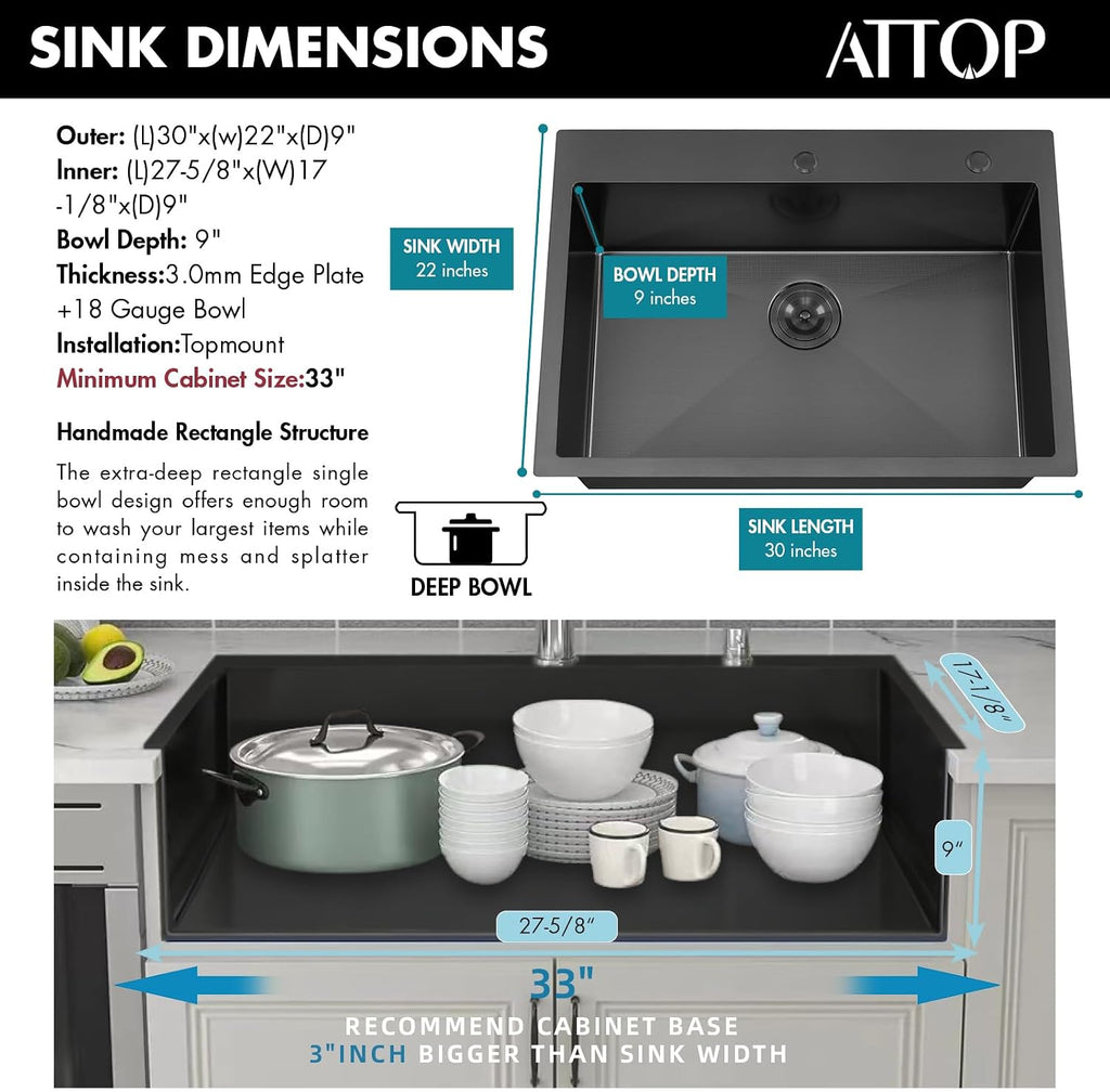 ATTOP 30 Inch Black Drop in Stainless Steel Kitchen Sink Large Single Bowl,30x22 Nano Black Handmade Single Bowl Drop in Kitchen Sink