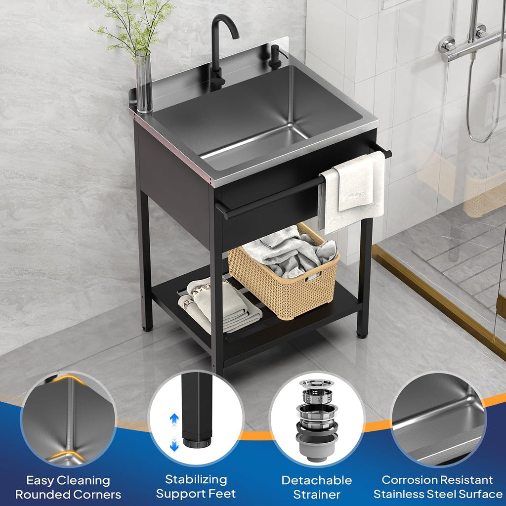 ROVSUN Black Electroplated Stainless Steel Utility Sink with Towel Rack and Storage Shelf, 20.7'D x 25.7'W x 38.9'H Freestanding Laundry & Prep Sink for Home, Restaurant, Garage, and Outdoor Use