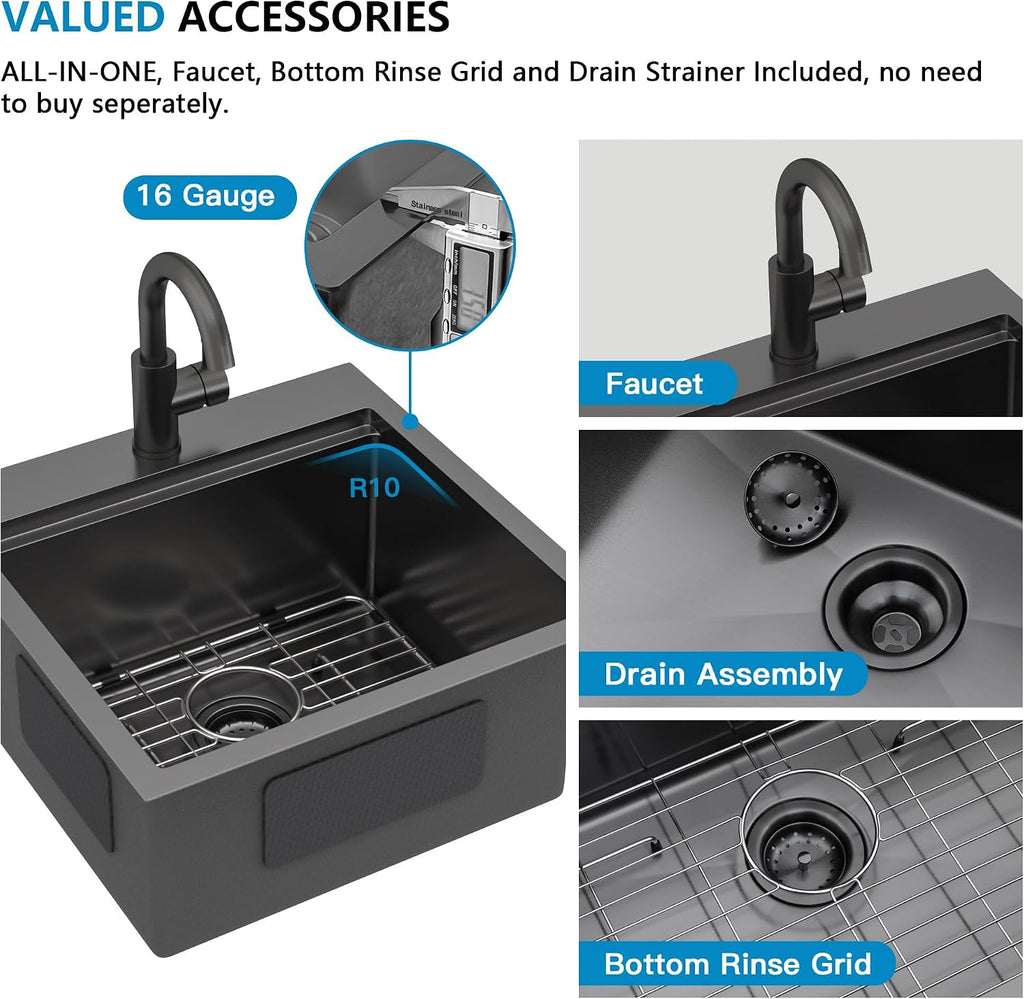18'x18' Drop In Bar Prep Sink Workstation – Gunmetal Black NANO-PVD, 16 Gauge 304 Stainless Steel, Single Bowl Top Mount Wet Bar RV Outdoor Kitchen Sink with Faucet