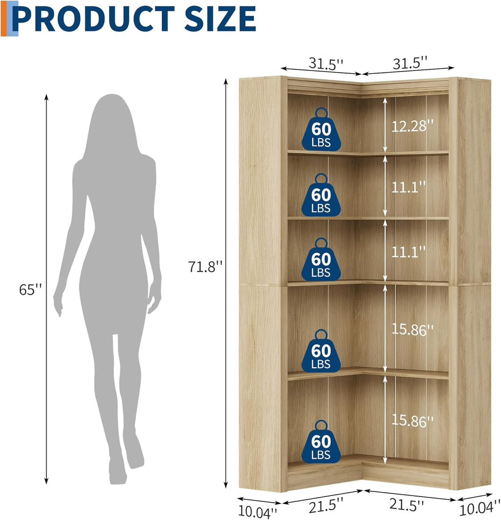 GarveeHome Corner Bookshelf, 71.8 in Farmhouse Corner Bookcase, L-Shaped Bookshelf Large Bookcase, 5 Tier Display Shelf Heavy Duty Bookcases, Bookshelves with Storage (Light Wood)