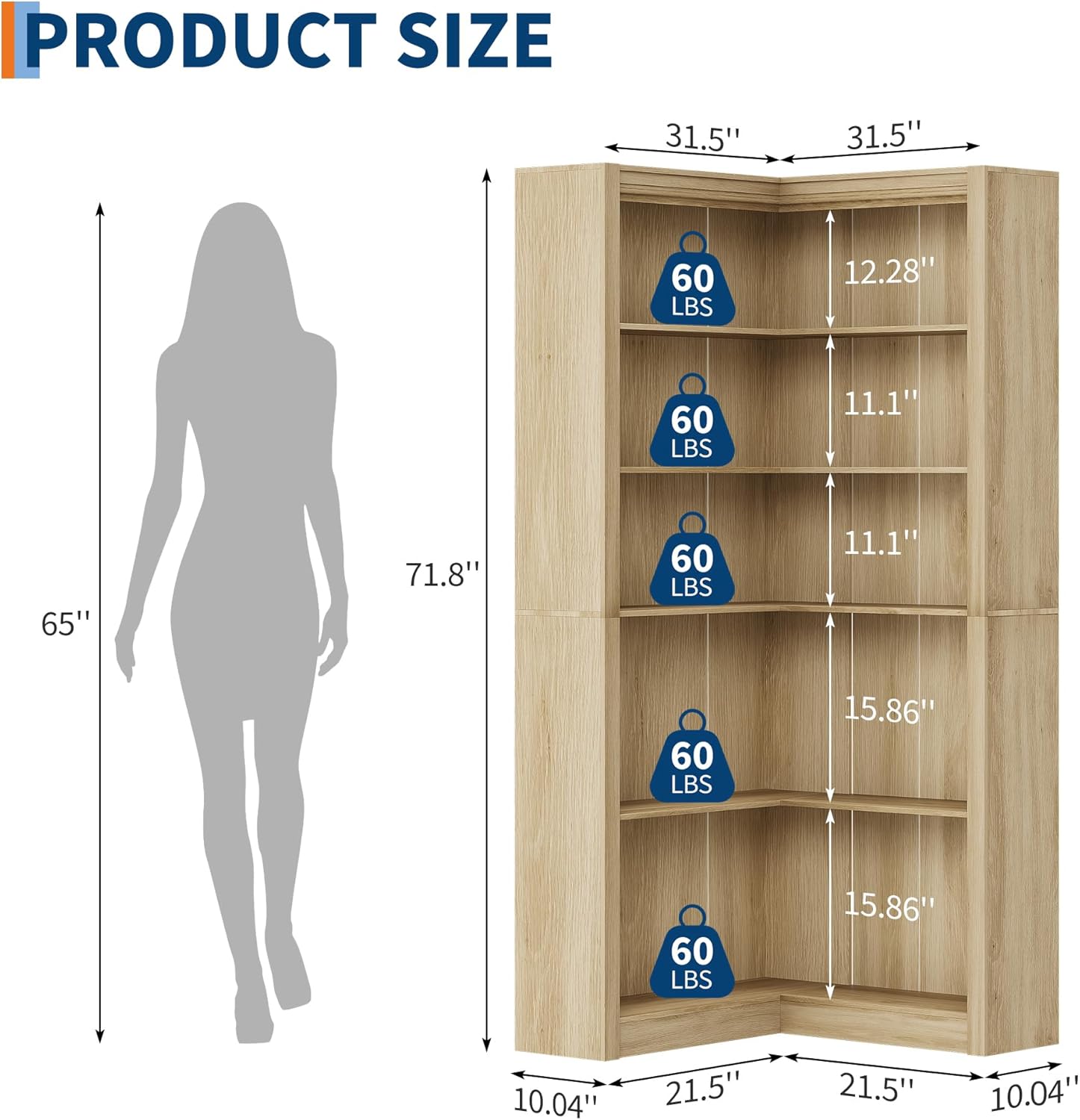GarveeHome Corner Bookshelf, 71.8 in Farmhouse Corner Bookcase, L-Shaped Bookshelf Large Bookcase, 5 Tier Display Shelf Heavy Duty Bookcases, Bookshelves with Storage (Light Wood)