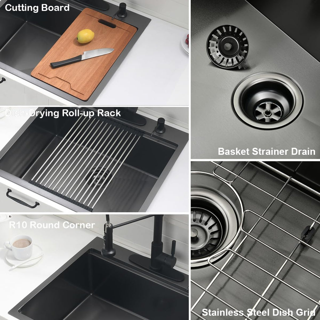 20 inch Black Drop Bar Sink - VOKIM 20'x 19' Inch Drop-in sink Workstation 16 Gauge Single Bowl Kitchen Sink With Cutting Board& colander