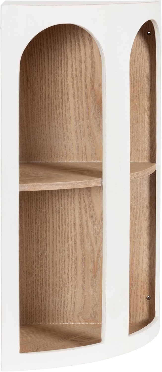 Kate and Laurel Elloree Modern Corner Shelf Cabinet for Storage and Display; 16 x 11 x 24; White and Natural; Transitional Corner Storage for Use as Living Room Shelving or Bedroom Storage Design