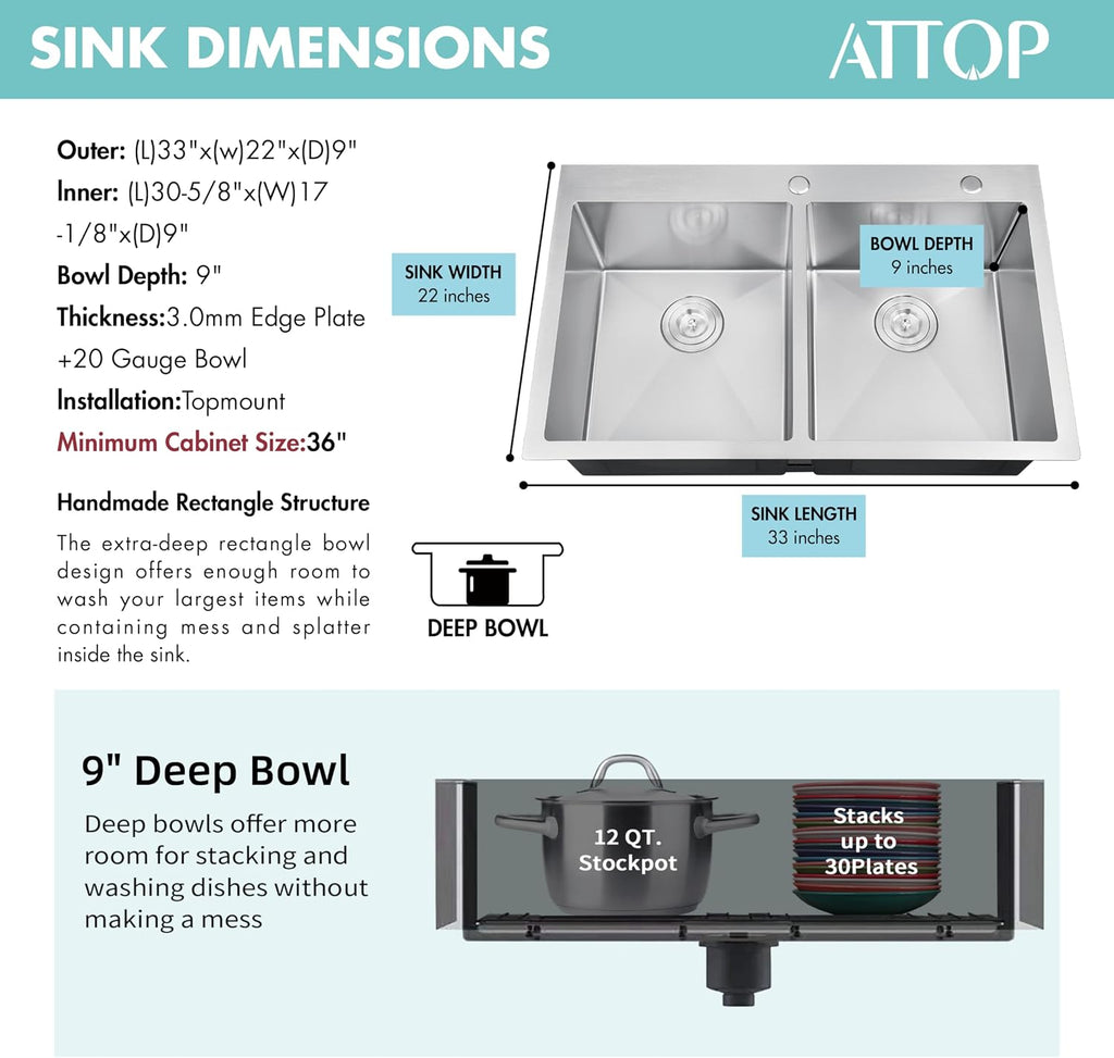 ATTOP 33 Inch Large Double Bowls Drop in Kitchen Sink,Nano Coating Stainless Steel Handmade Topmount Kitchen Sink