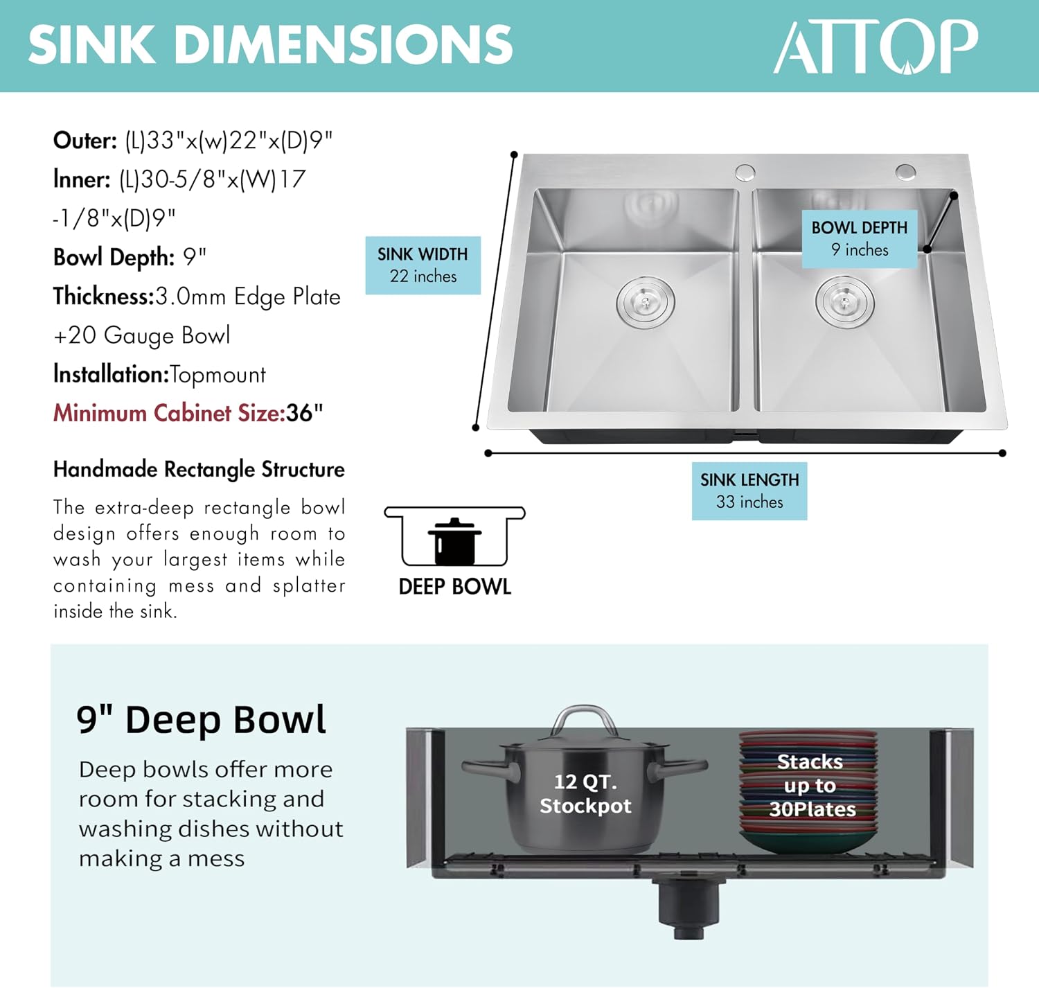 ATTOP 33 Inch Large Double Bowls Drop in Kitchen Sink,Nano Coating Stainless Steel Handmade Topmount Kitchen Sink