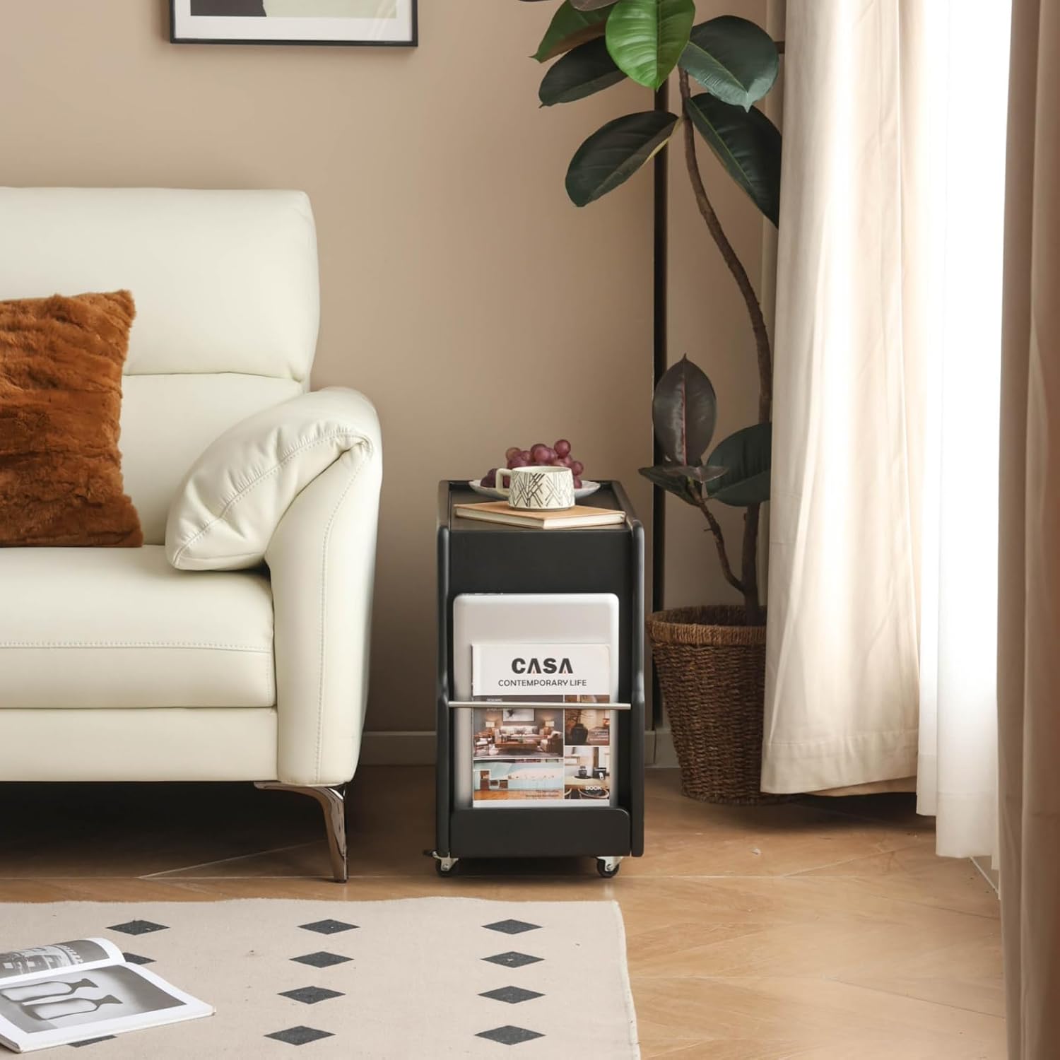 Solid Wood Side Table with Wheels, Narrow Side Table with Storage, Rolling Bedside Table for Bedroom Living Room Dining Room(Black, 27.95' D x 11.42' W x 19.88' H)
