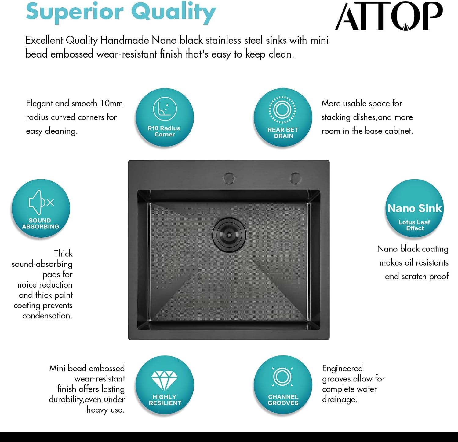 ATTOP 25 Inch Black Drop in Stainless Steel Medium Single Bowl Kitchen Sink,25x22 Nano Black Handmade Single Bowl Drop in Kitchen Sink
