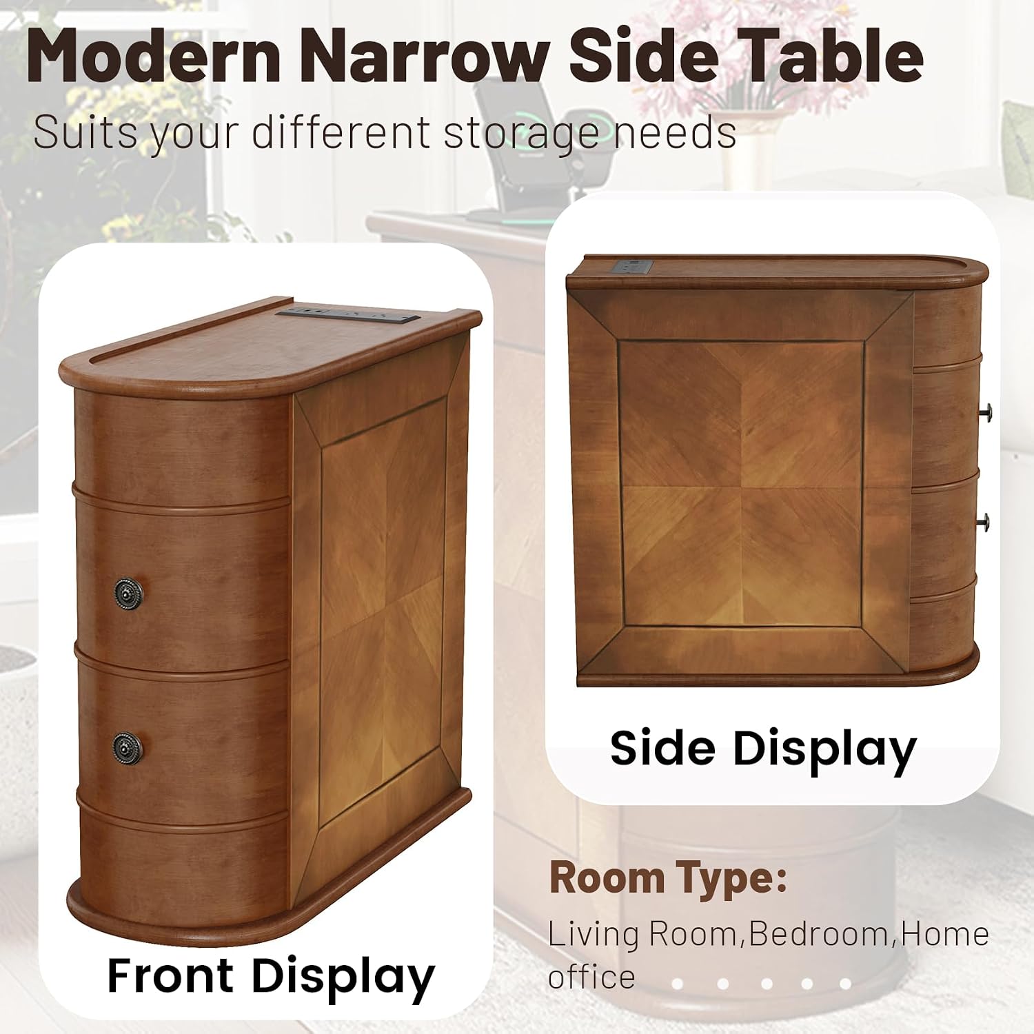 End Tables Living Room, Wood Sofa Side Table with Charging Station,Vintage Narrow Nightstand with 2 Drawers,Couch Accent Tables for Small Spaces,Bedroom, Fully Assembled,Brown