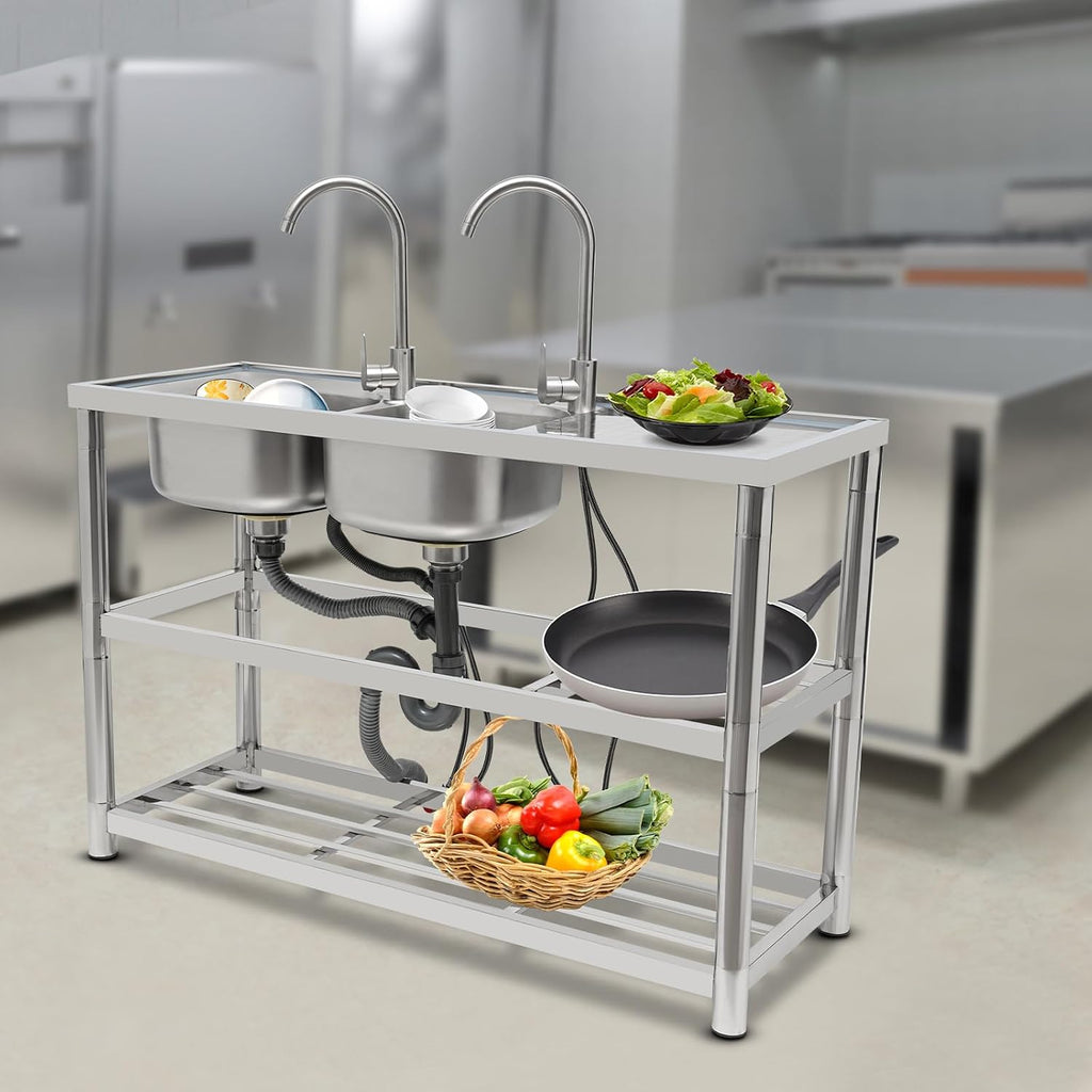 Free Standing Commercial Kitchen Sink Stainless Steel, Double Bowl Utility Sink with 2 360° Rotatable Faucet and Water Pipes Restaurant Outdoor Utility Sink Left Dual-Bowl (47x17.7x31.5in)