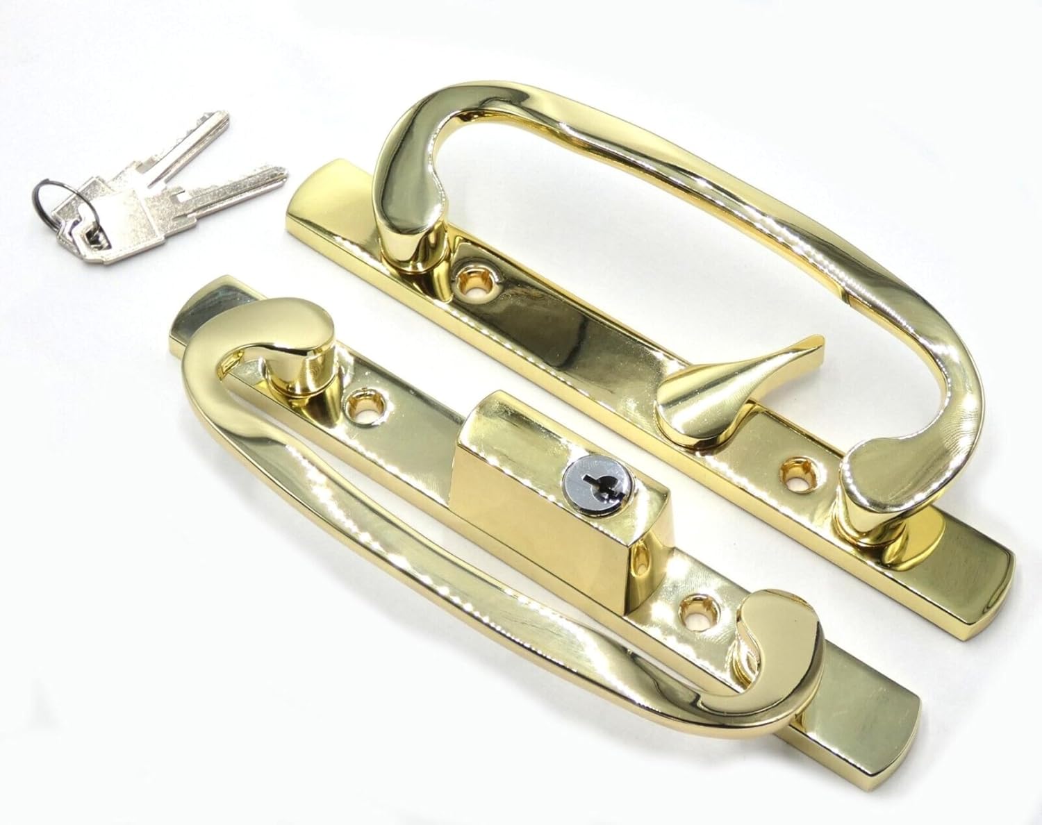 8.5' Legacy Sliding Patio Glass Door Offset Latch Diecast Plated Gold Handle Set Replacement with Keys - Sash Controls 2265 Keyed Lock - Fits 3-15/16' Hole Spacing + 1-1/4' to 2-1/4' Door Thickness
