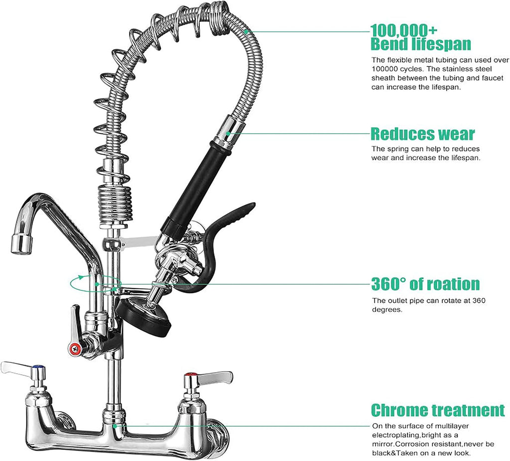 Commercial Faucet with Sprayer 21' Height 8' Center Wall Mount Kitchen Sink Faucet Brass Constructed Polished Chrome Pre-Rinse Device with Spring and 8' Add-on Spout