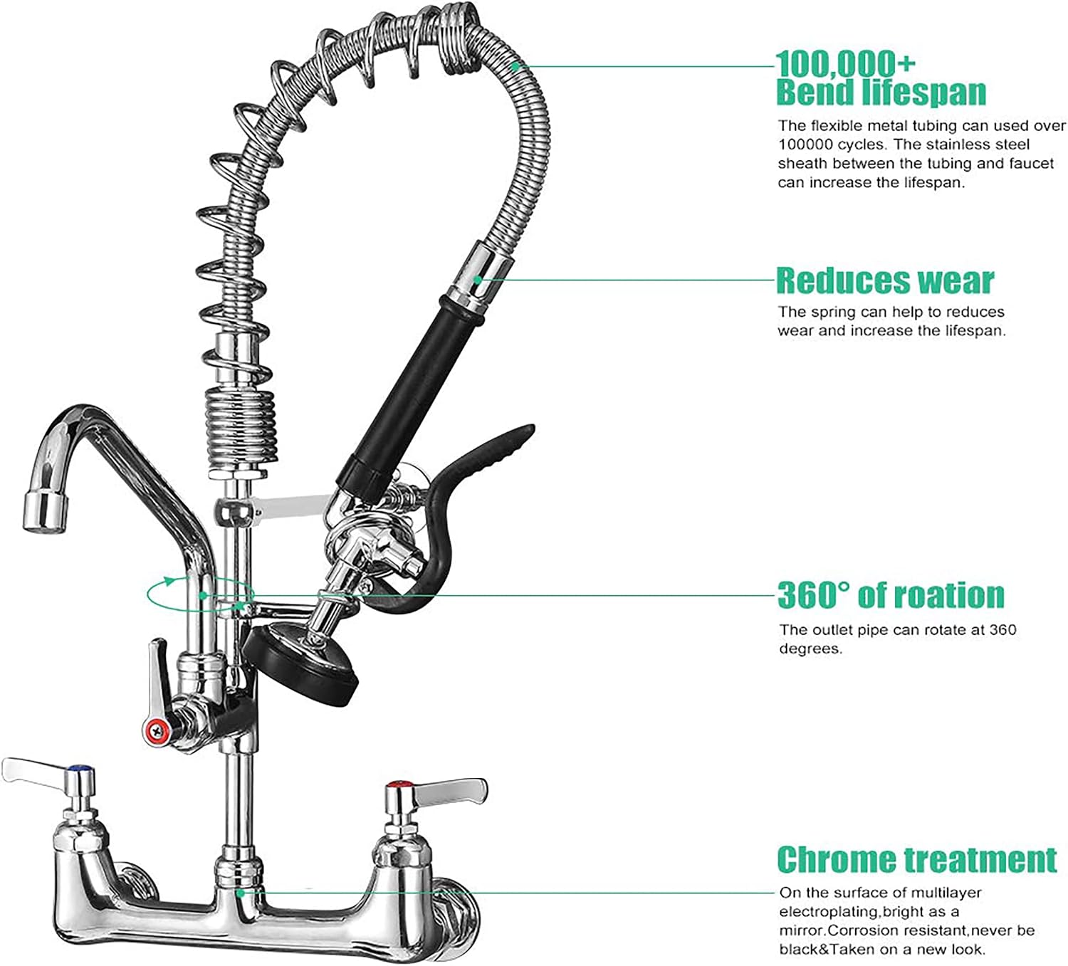 Commercial Faucet with Sprayer 21' Height 8' Center Wall Mount Kitchen Sink Faucet Brass Constructed Polished Chrome Pre-Rinse Device with Spring and 8' Add-on Spout