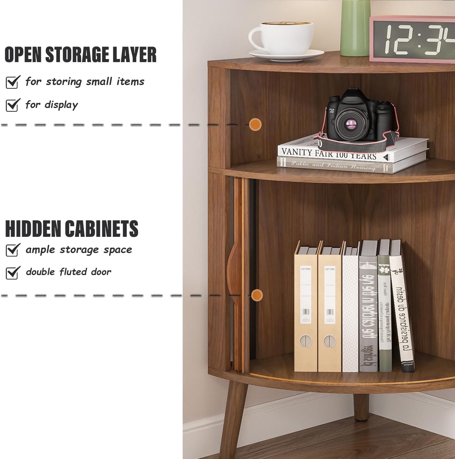 Bathroom Corner Storage Cabinet, 31.5''H Small Floor Corner Cabinet with 2 Fluted Doors and Shelves, Freestanding Narrow Cabinets Organizer for Living Room, Kitchen (Walnut, 31.5''H)