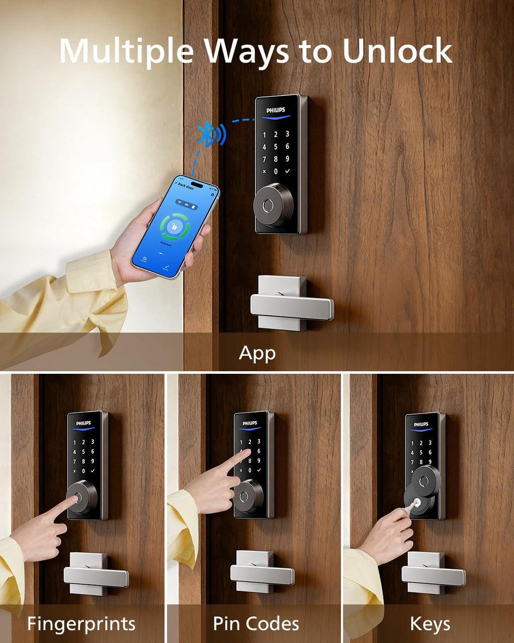 Philips Smart Lock with Handles, Smart Door Lock with 2 Level Handles, Keyless Entry Door Lock Set, Digital Keypad Deadbolt for Front Door, App Fingerprint PIN Code Unlocking, Auto Locking
