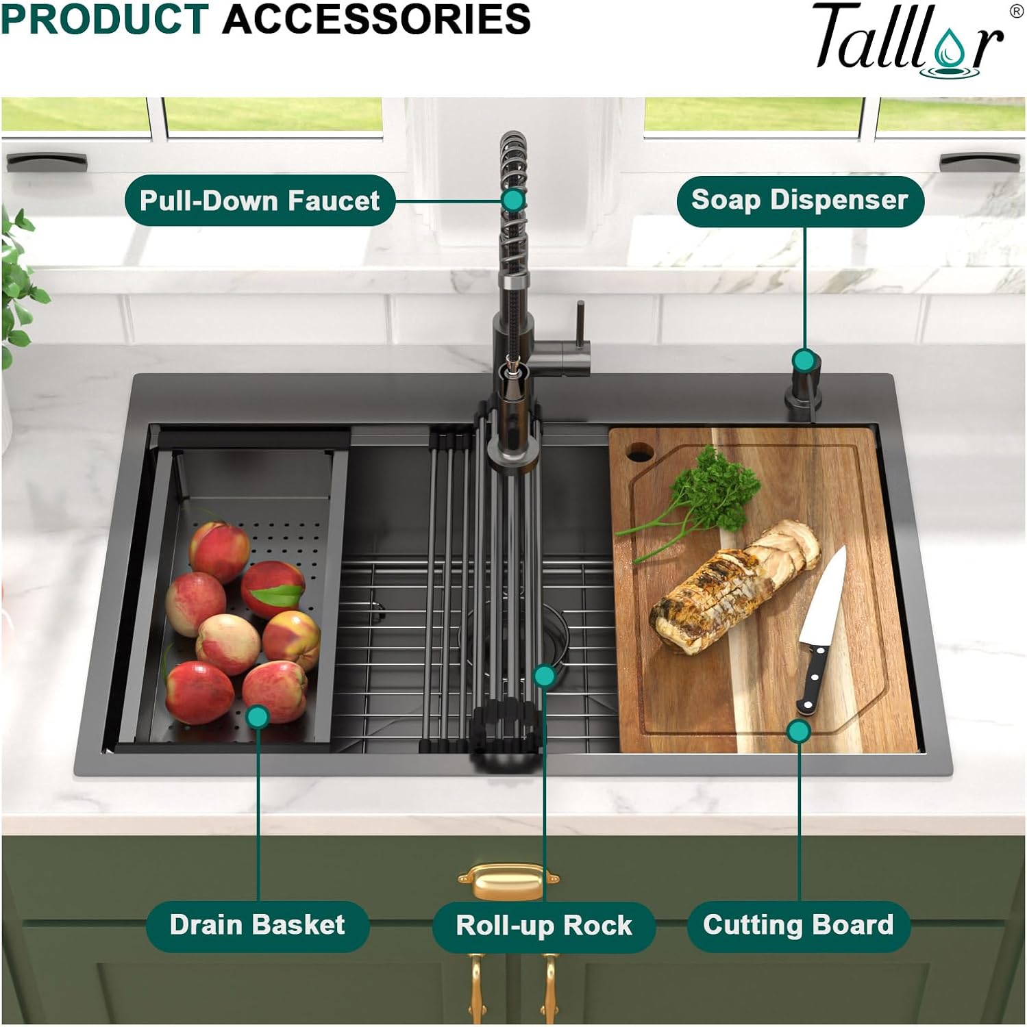 Drop In Kitchen Sink - 33x22 Drop In Gunmetal Black Kitchen Sink with Faucet Combo Workstation NANO-PVD 16 Gauge Stainless Steel Topmount Single Bowl Sinks Round Corners #TL-FDOE00097