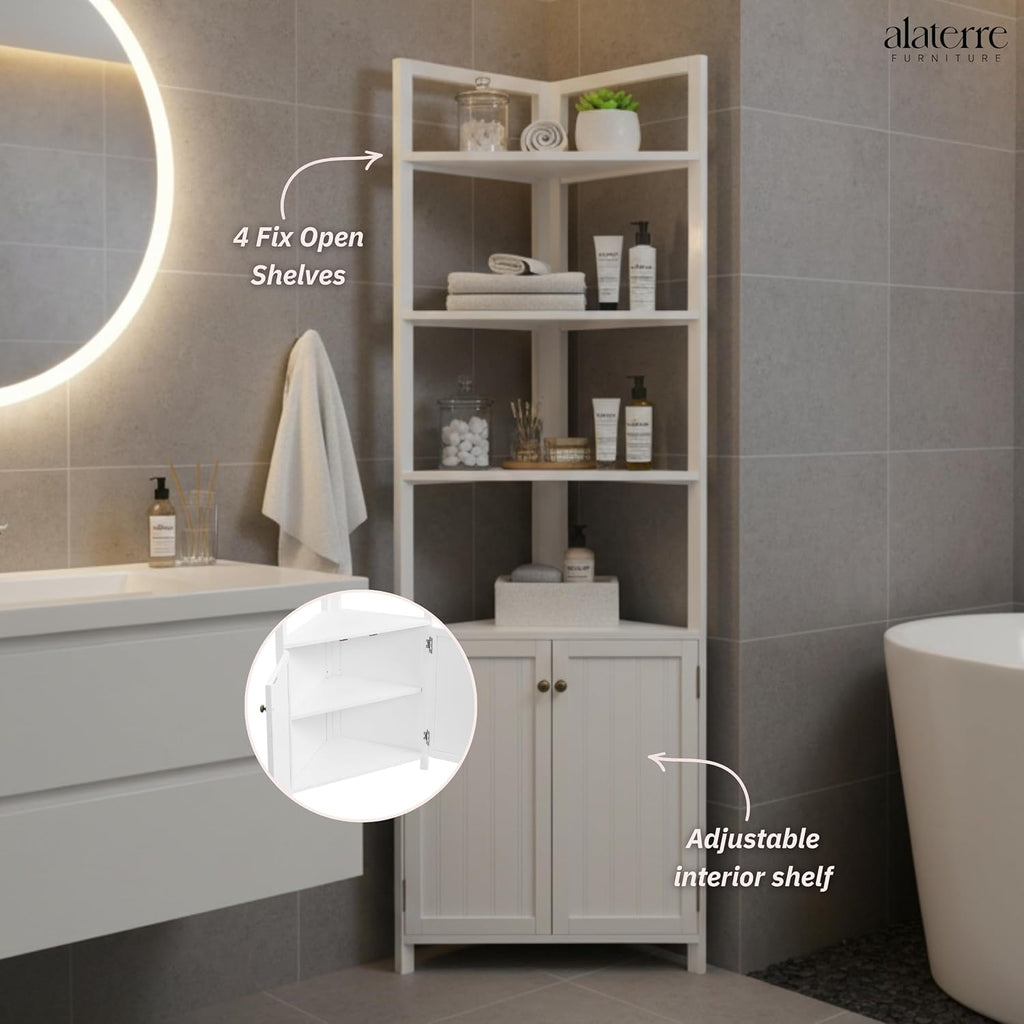 Alaterre Furniture Dover Corner Bathroom Storage Cabinet – 25' x 68' Tall Freestanding Corner Cabinet with 2 Doors, Open Shelves, Adjustable Inside Shelving, and Space-Saving Design (White)