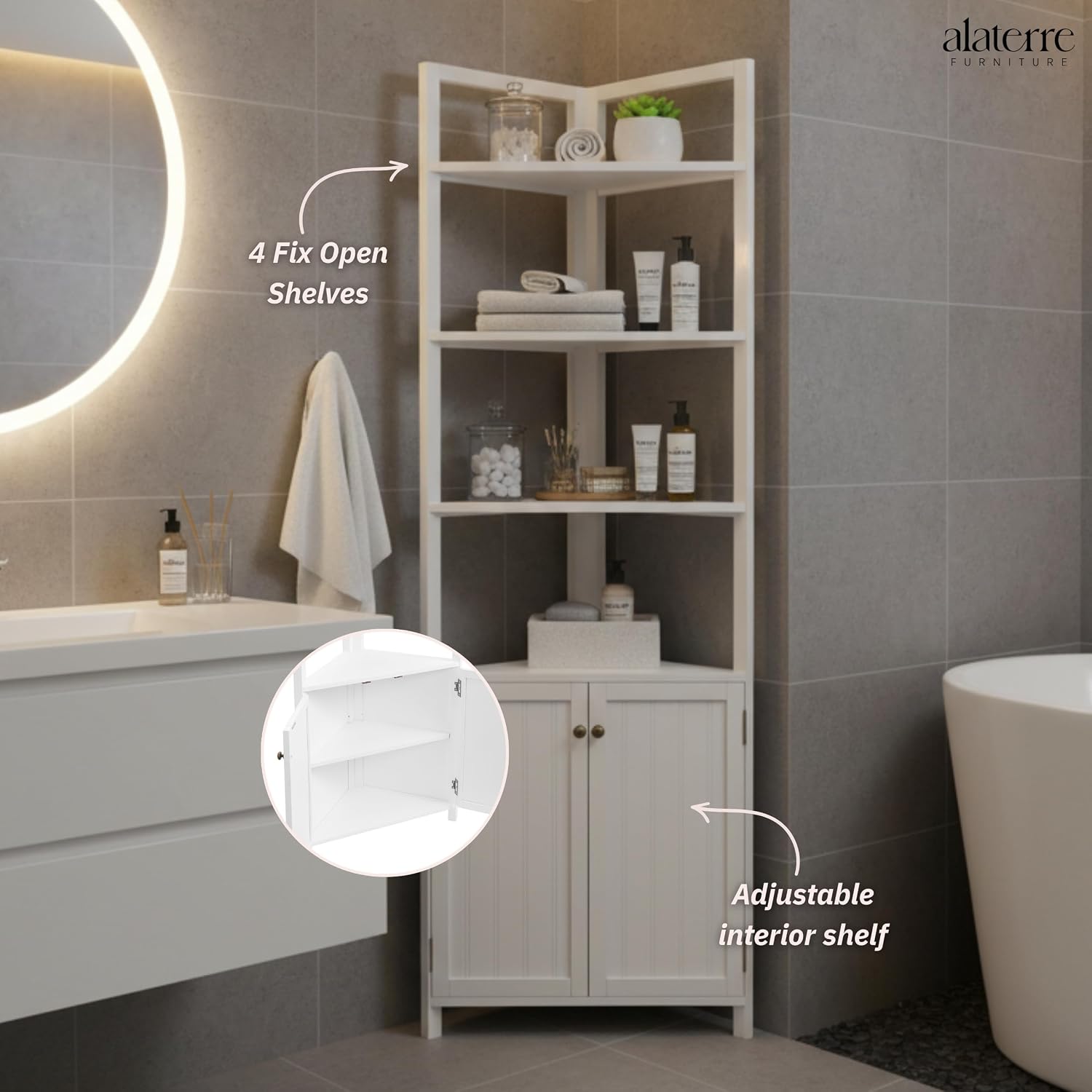 Alaterre Furniture Dover Corner Bathroom Storage Cabinet – 25' x 68' Tall Freestanding Corner Cabinet with 2 Doors, Open Shelves, Adjustable Inside Shelving, and Space-Saving Design (White)