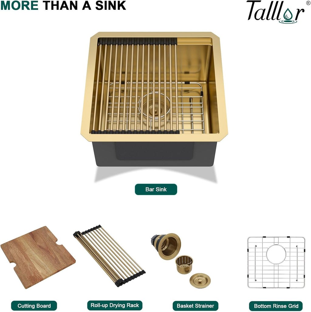 Undermount Bar Sink - 17x17 Inch Workstation Gold Wet Bar Stainless Steel 16 Gauge Single Bowl Under Counter Small Prep Sinks with Cutting Board and Assembly #TLU-0020