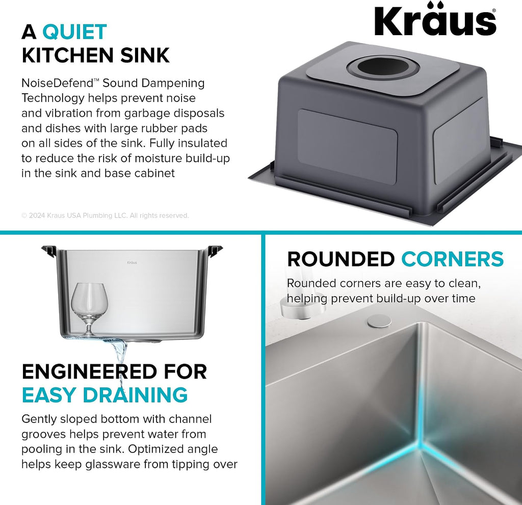 KRAUS Fairlane 15-inch Drop In/Top Mount Single Bowl 18-Gauge Stainless Steel Kitchen Bar Sink, KHT631-15