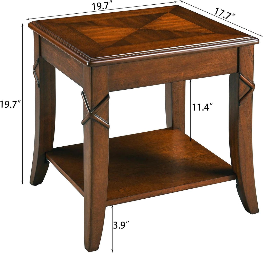 Solid Wood Side Table with Storage Shelf, Cherry Wood End Tables Living Room, Traditional Style End Table, Vintage Beside Table with Curved Legs for Apartment, Cherry Walnut Accent Table CJZ-DR200