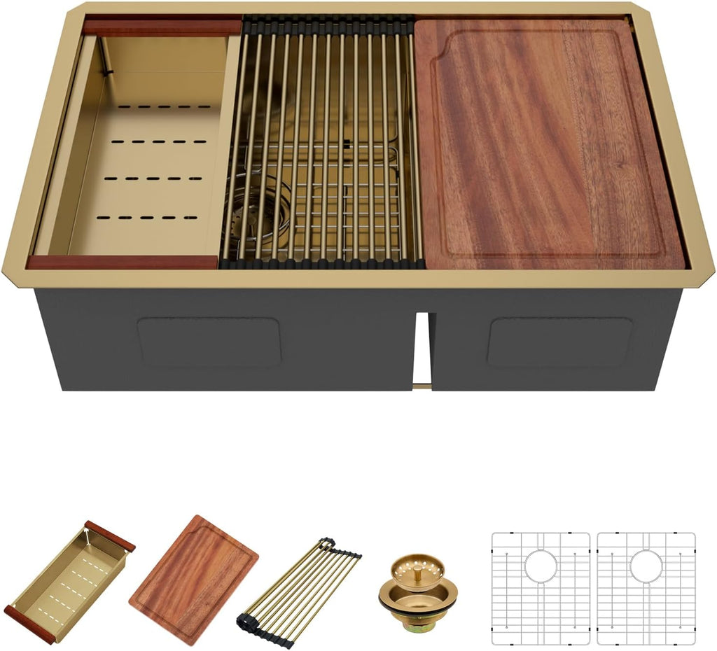 30 Gold Undermount Kitchen Sink - Beslend 30x19 Gold Double Bowl Kitchen Sinks Workstation 16 Gauge Stainless Steel Golden Sink Low Divide Double Basin 60/40