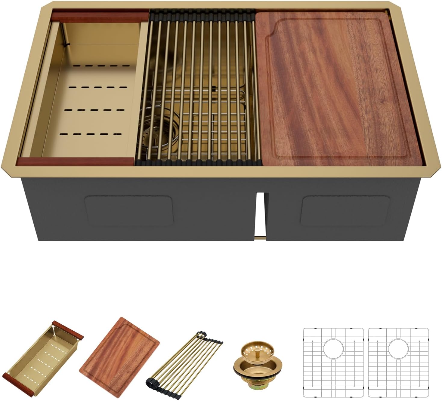 30 Gold Undermount Kitchen Sink - Beslend 30x19 Gold Double Bowl Kitchen Sinks Workstation 16 Gauge Stainless Steel Golden Sink Low Divide Double Basin 60/40