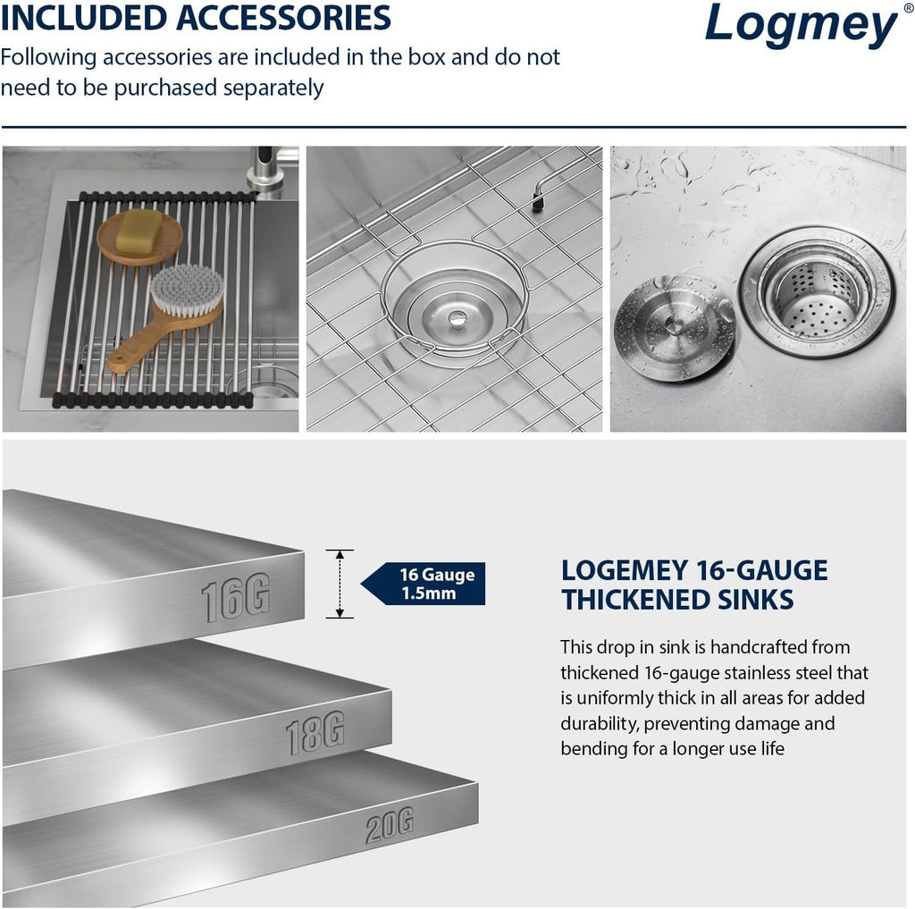 Logmey 25x22 Drop in Laundry Sink 25 Inch Laundry Room 12' Deep Sinks Handmade 16 Gauge Heavy Duty Stainless Steel Large Capacity Utility Washing Tub for Home & Commercial Use