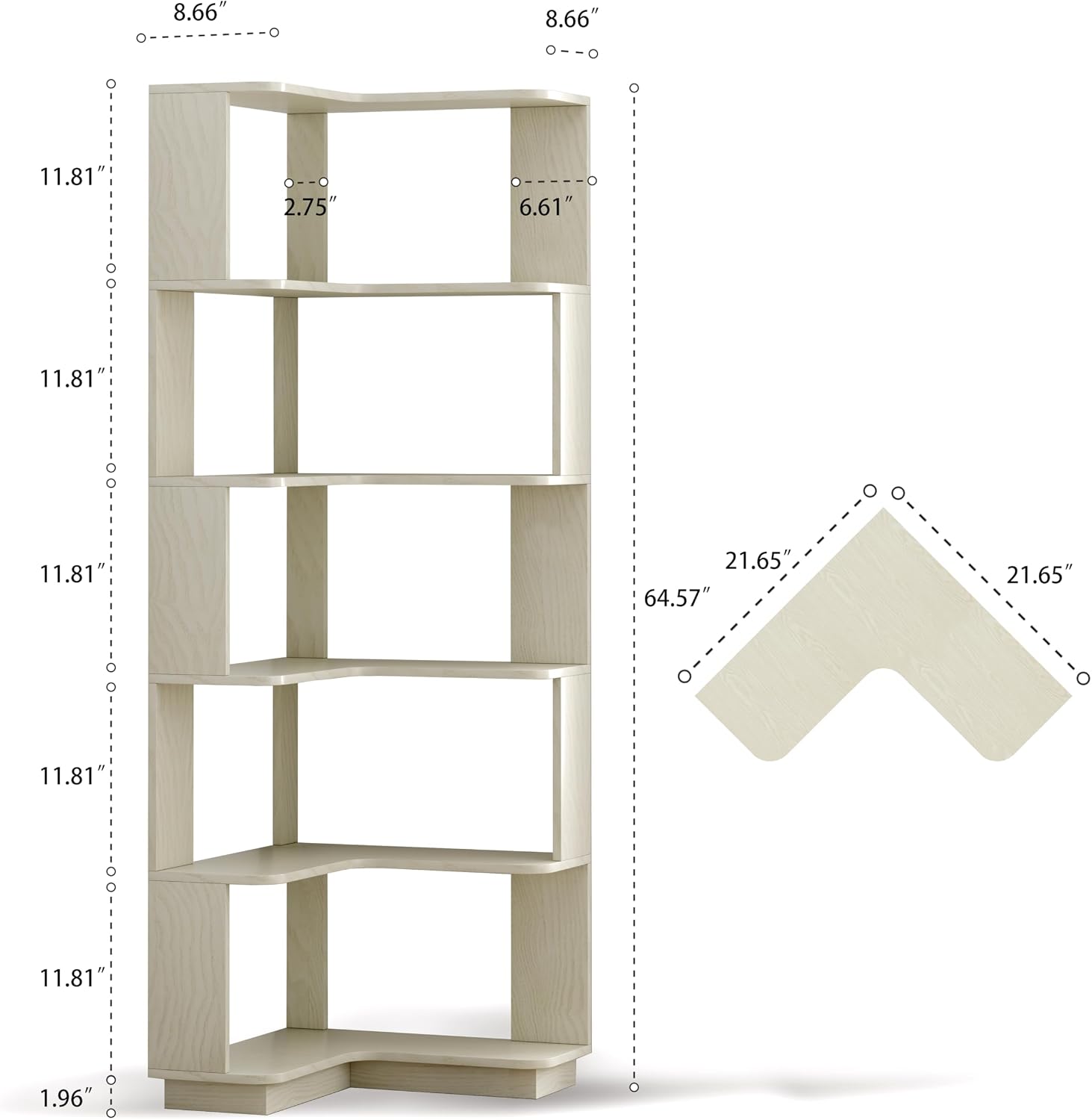 GDFStudio 64.6' Tall L-Shaped Corner Bookshelf, 6-Tier Freestanding Corner Shelf Bookcase with Anti-Drop Panels, Wooden Open Back Display Shelves Organizer for Living Room Office Bedroom, White Oak