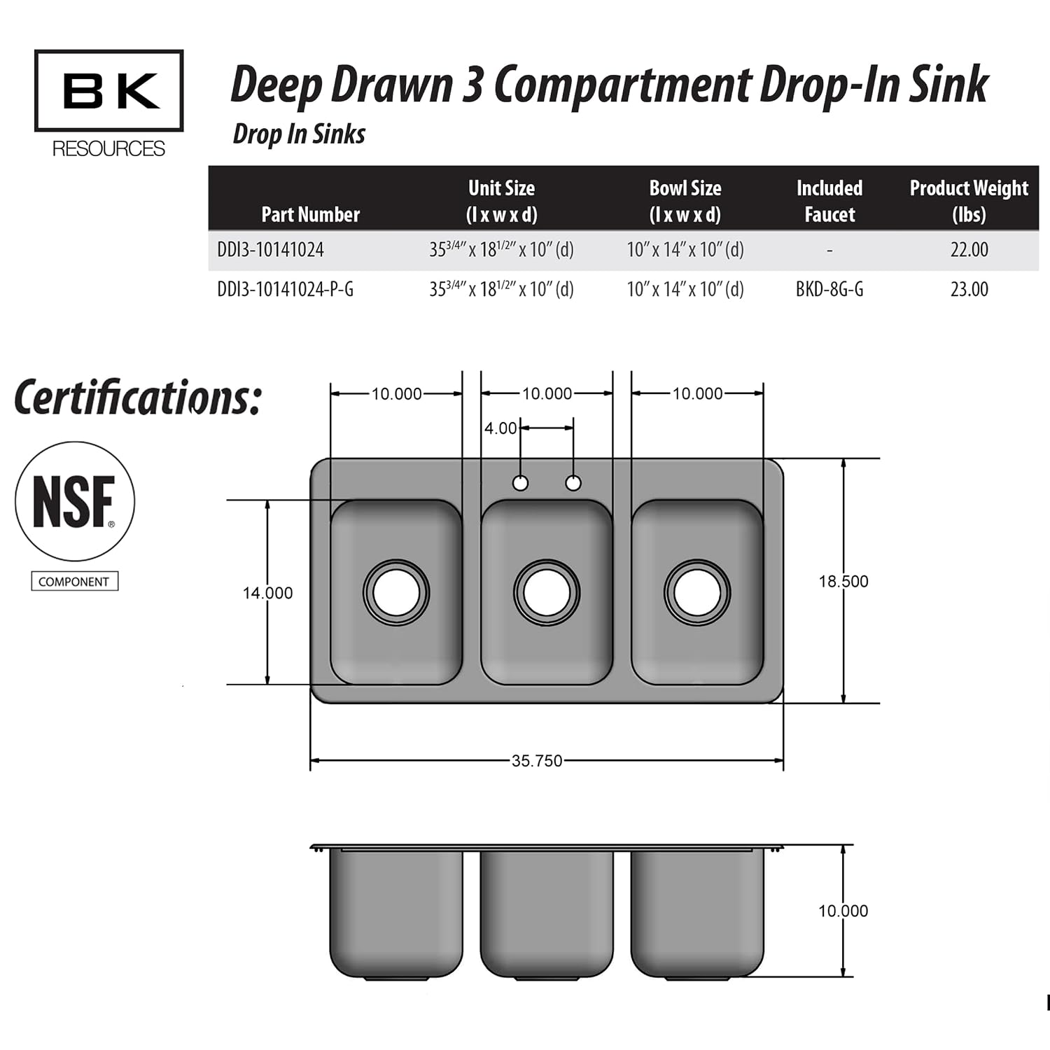 BK Resources NSF Commercial 3 Compartment Drop in Sink, 10'x14'x10' Bowl Size, 18 Gauge T-304 Stainless Steel, Top Mount, Seamless Deep Drawn Construction (DDI3-10141024)