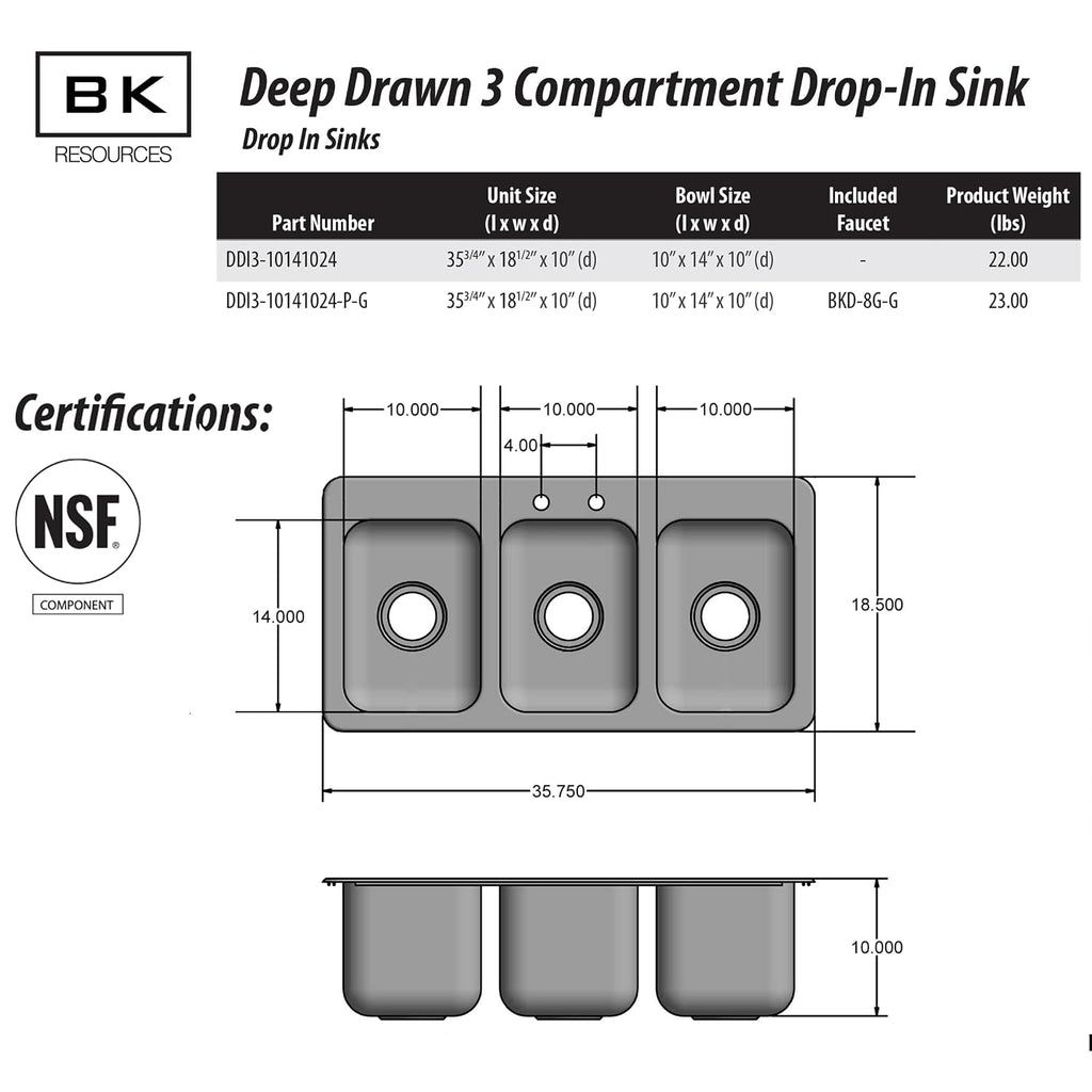 BK Resources NSF Commercial 3 Compartment Drop in Sink Faucet, 10'x14'x10' Bowl Size, 18 Gauge T-304 Stainless Steel, Top Mount, 8' Gooseneck Faucet, Seamless Deep Drawn Construction