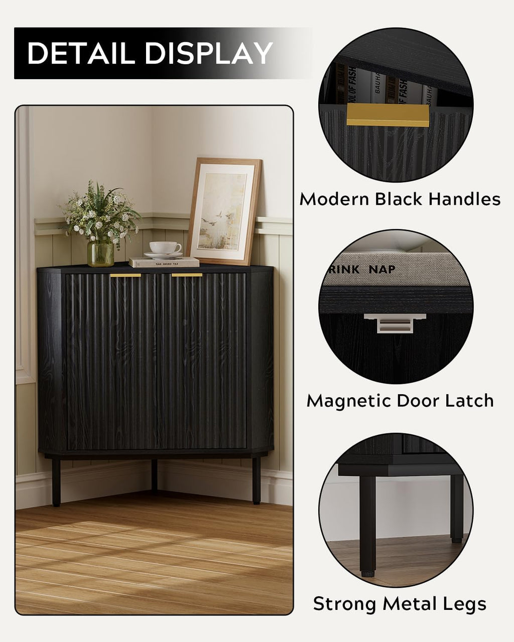 Modern Fluted Corner Cabinet, Small Floor Storage Cabinet with Adjustable Shelf & Metal Legs, Wooden Freestanding Narrow Organizer for Living Room Kitchen, Black