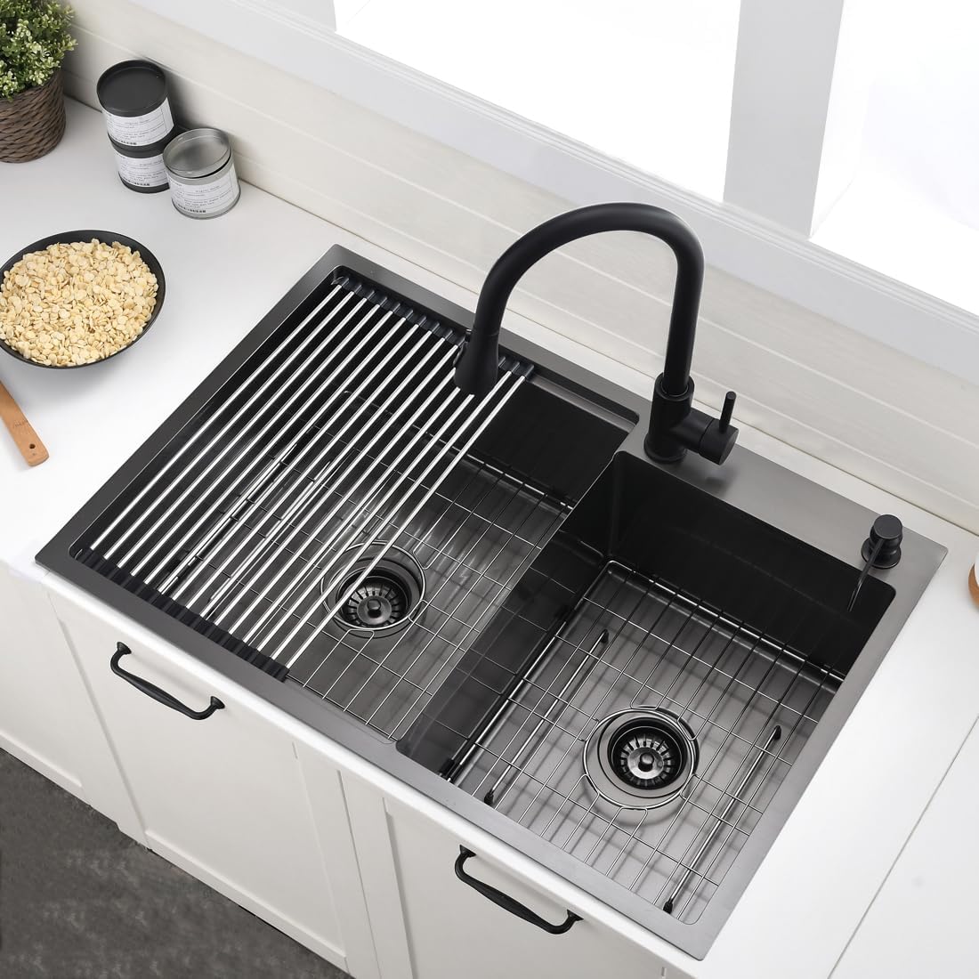 33 Inch Double Bowl Drop In Kitchen Sink Workstation Black - VOKIM 33 x 22 Inch Drop In sink Stainless Steel 16 Gauge 10 Inch Deep Double Bowl Sink