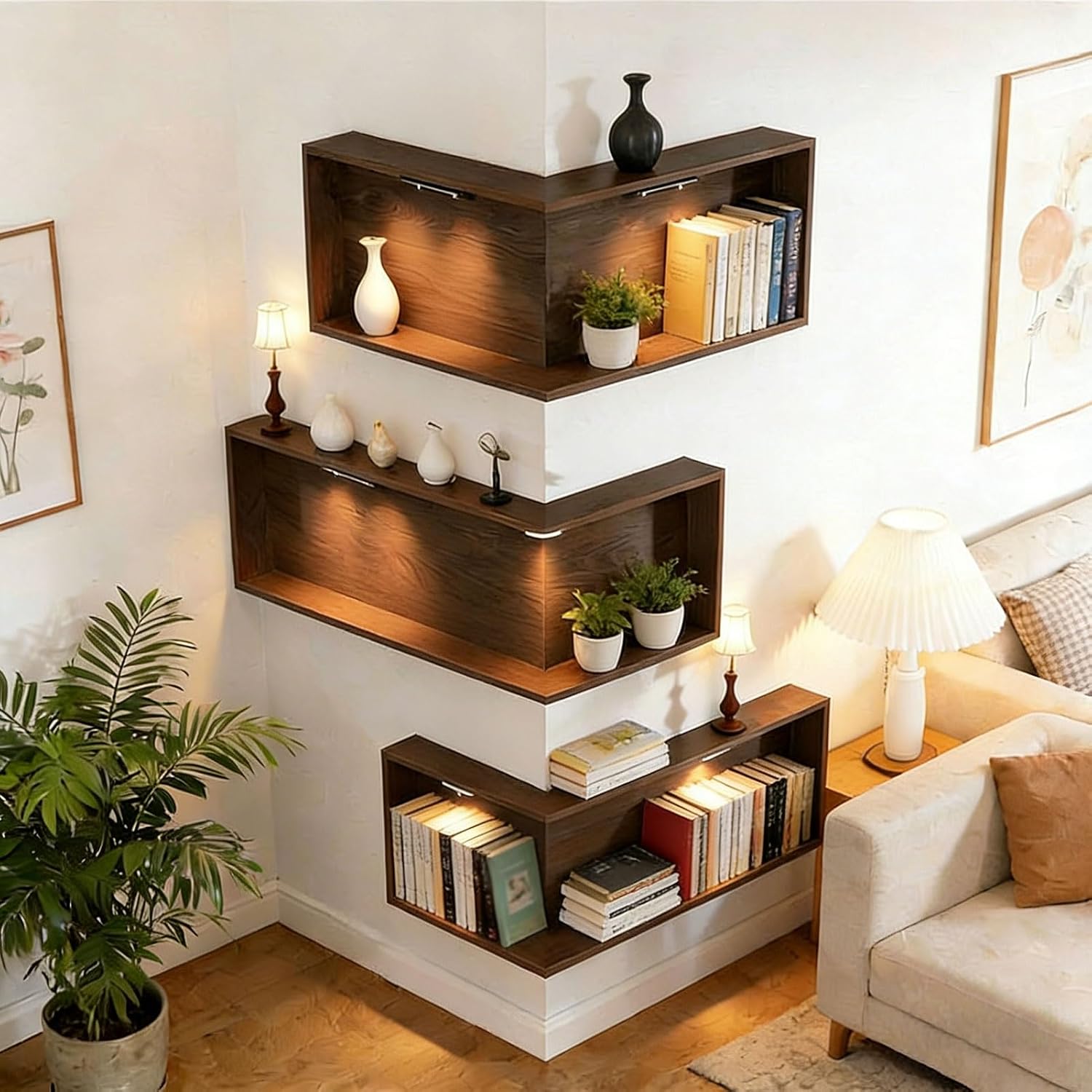 Floating Corner Shelves, Wall Mounted Display Shelf for Collectibles, Books, Plants, Space-Saving Corner Storage Rack for Bedroom, Living Room, Home Decor(1 Pack,L-Shape 30 x 60 x 20 cm)