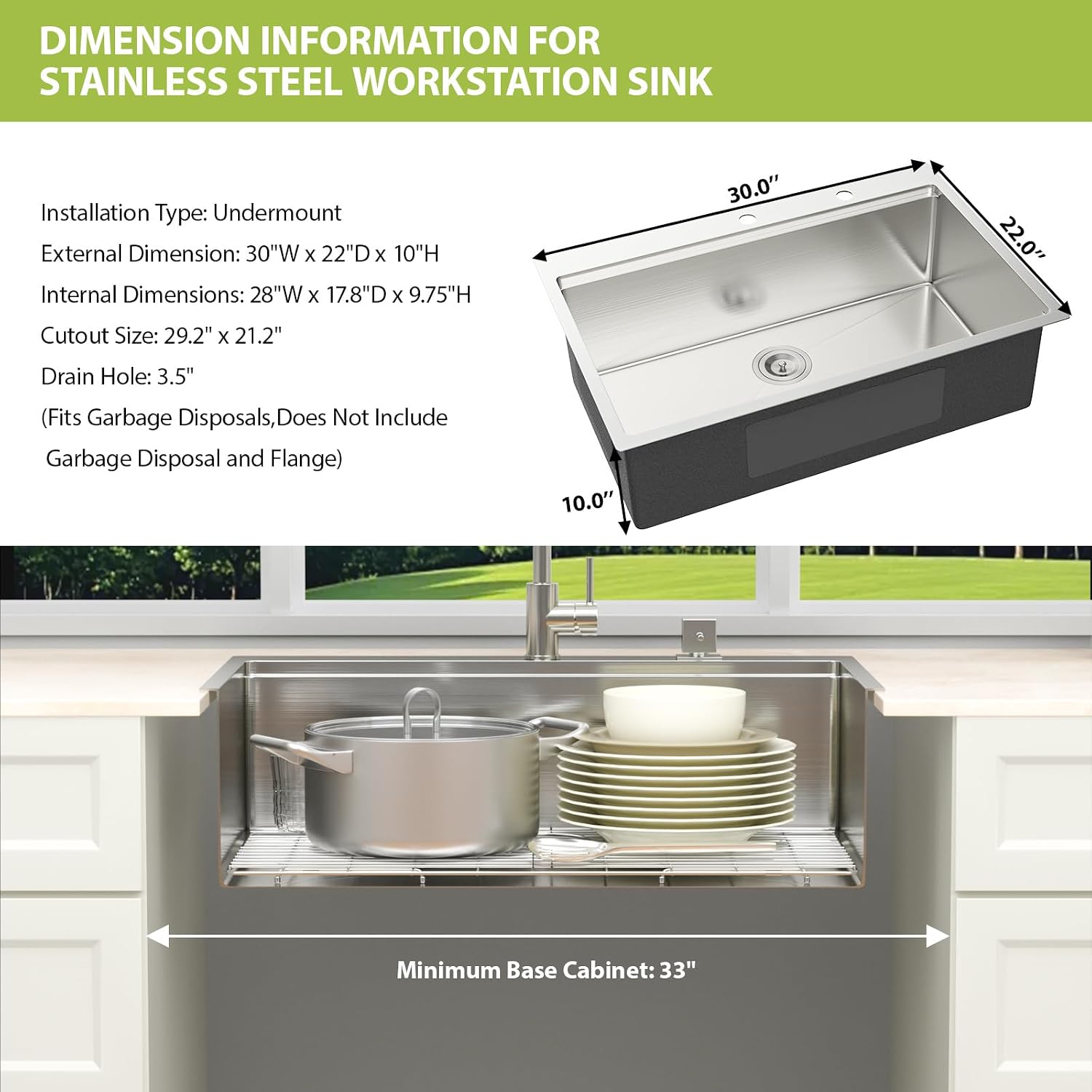 Drop In Kitchen Sink 30 Inch Kitchen Sink Large 304 Stainless Steel Above Counter Workstation Drop Sink Topmount 30x22x10 Single Bowl Kitchen Sinks