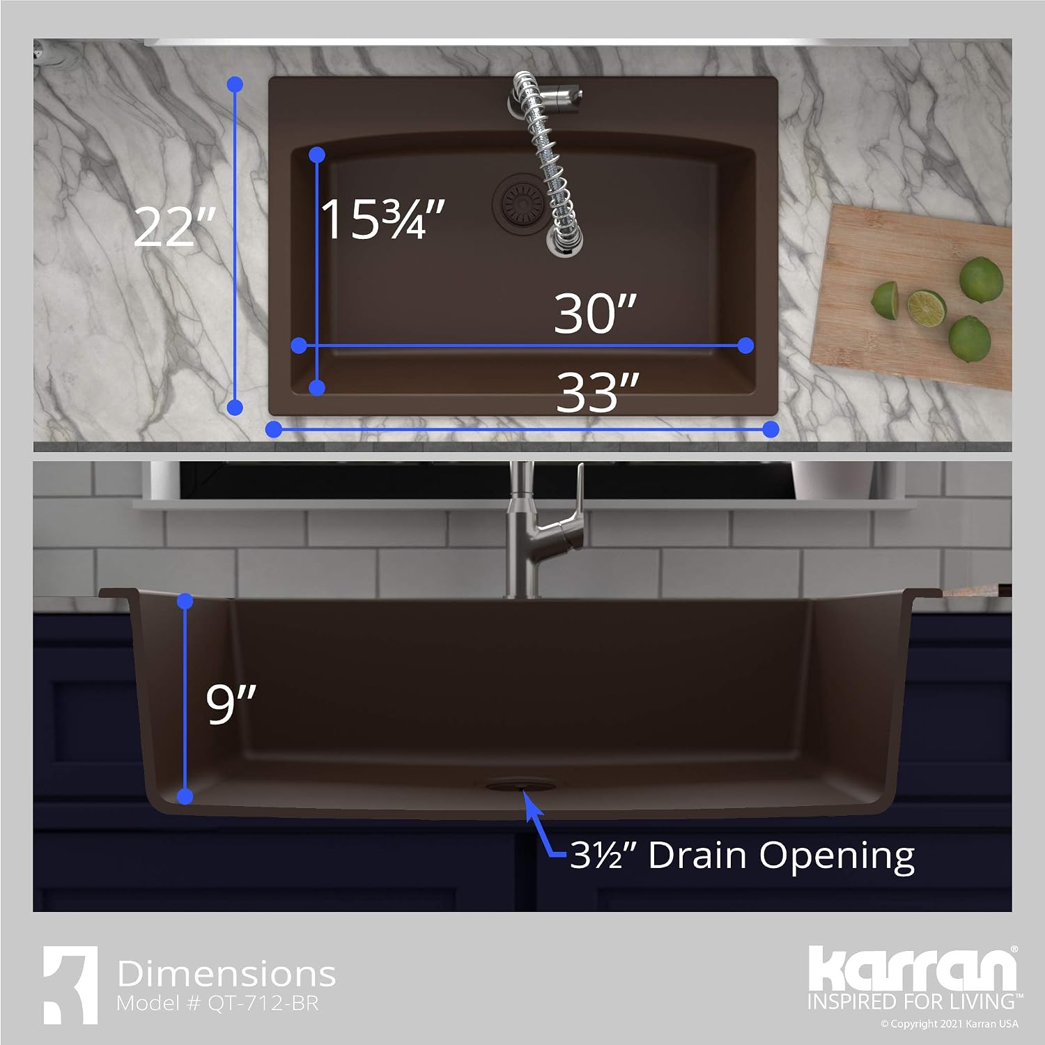 Karran QT-712 33 Inch Drop-In Quartz Composite Single Bowl Kitchen Sink, Top Mount, 1-Hole, Heat & Scratch Resistant, Easy Clean, Brown