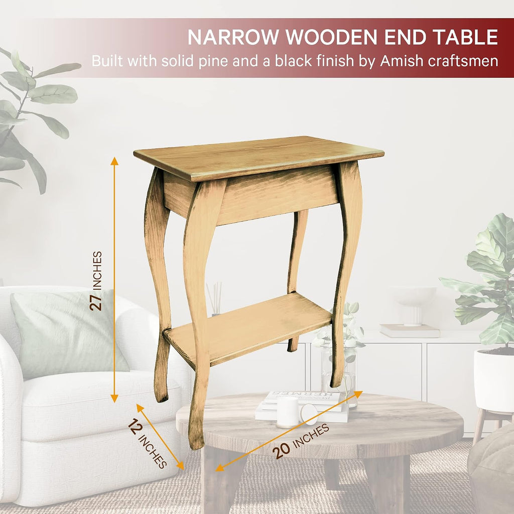Peaceful Classics Wooden End Table- Amish Handmade Slim Side Table for Living Room, Bedroom, Entry Way, & Hallway, Thin Narrow End Table with 2-Tiered Shelves for Display & Storage, Unfinished