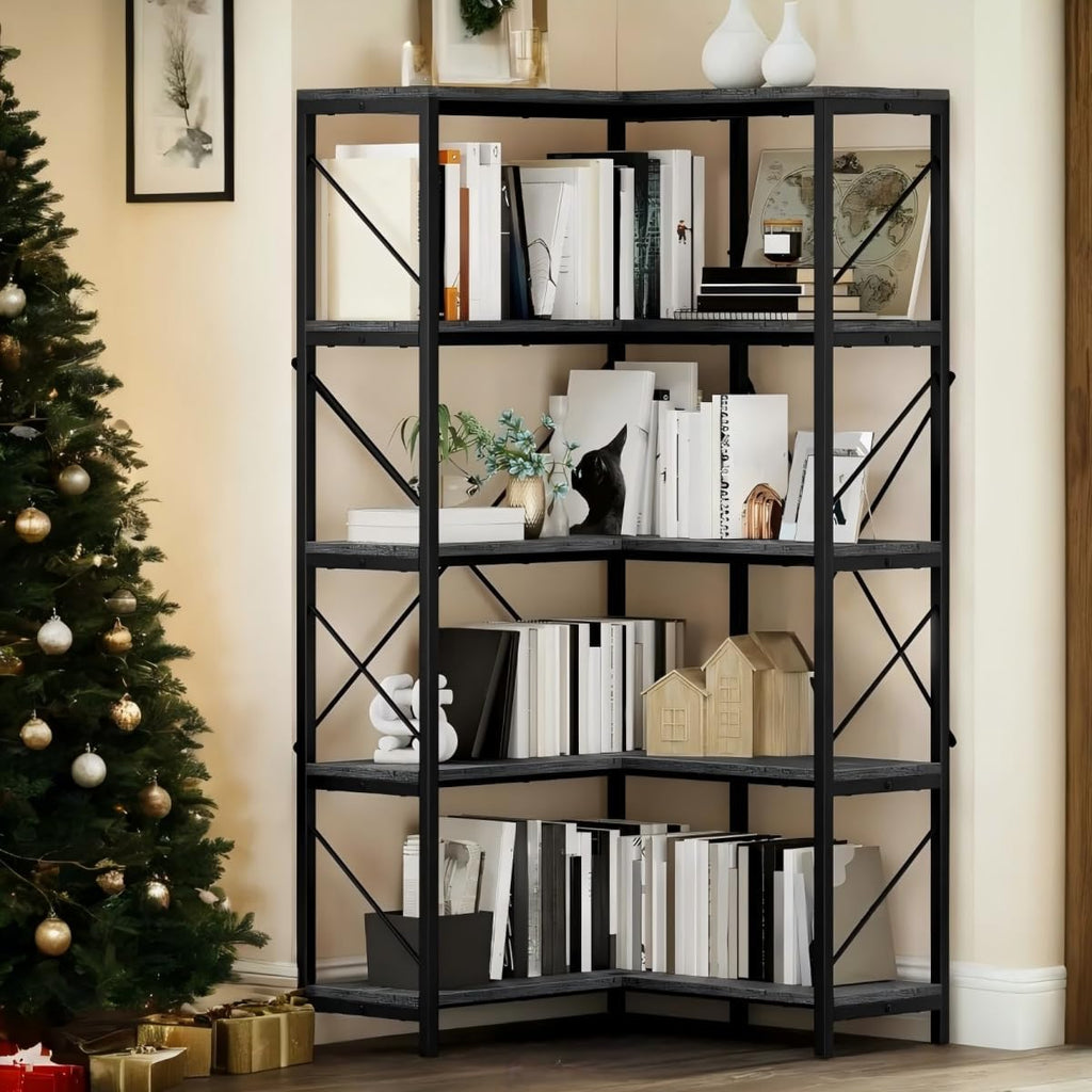 YITAHOME Corner Bookshelf, Industrial Corner Shelf 5 Tier Bookcase, Large Display Rack Storage for Bedroom, Living Room, Home Office,Charcoal Gray + Black