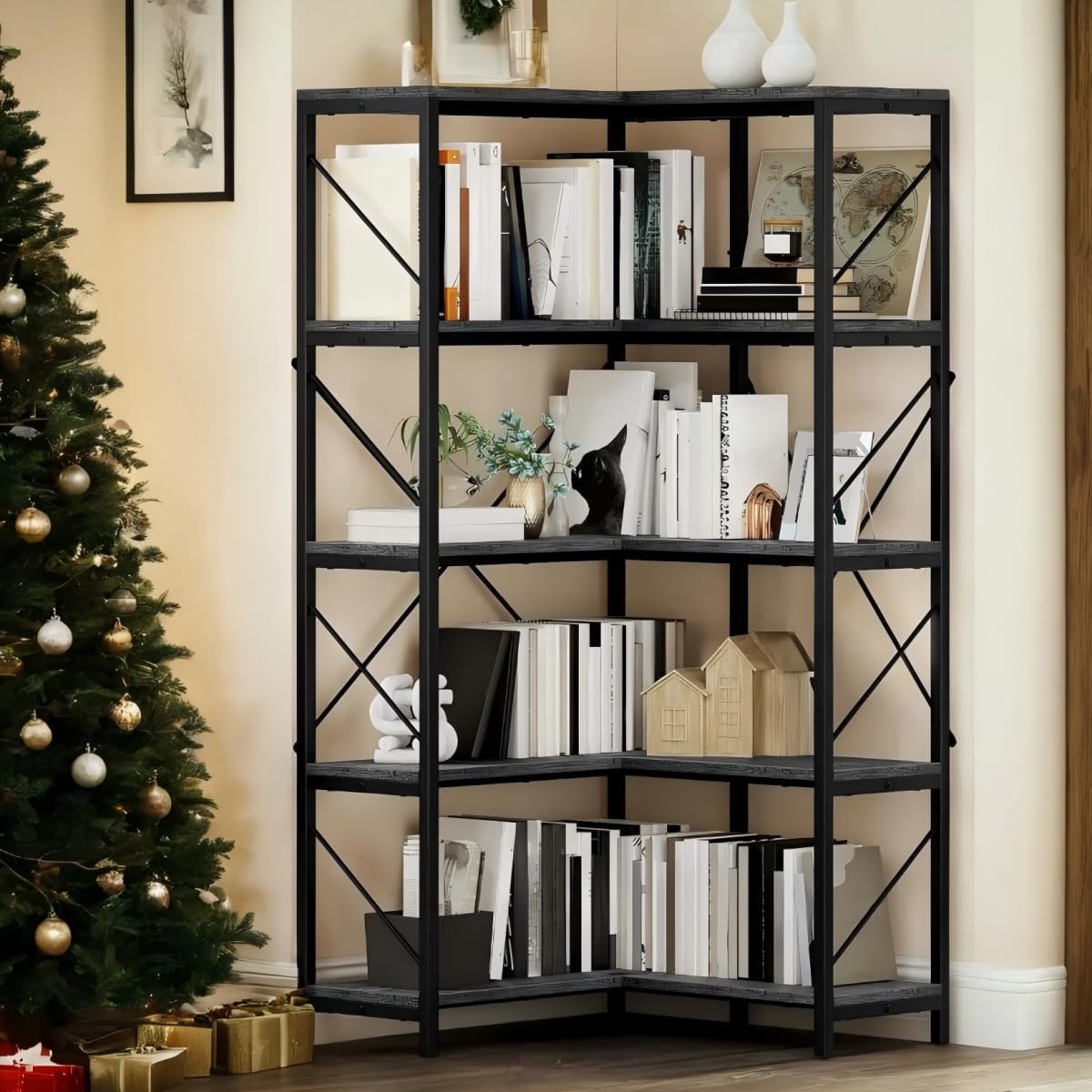 YITAHOME Corner Bookshelf, Industrial Corner Shelf 5 Tier Bookcase, Large Display Rack Storage for Bedroom, Living Room, Home Office,Charcoal Gray + Black